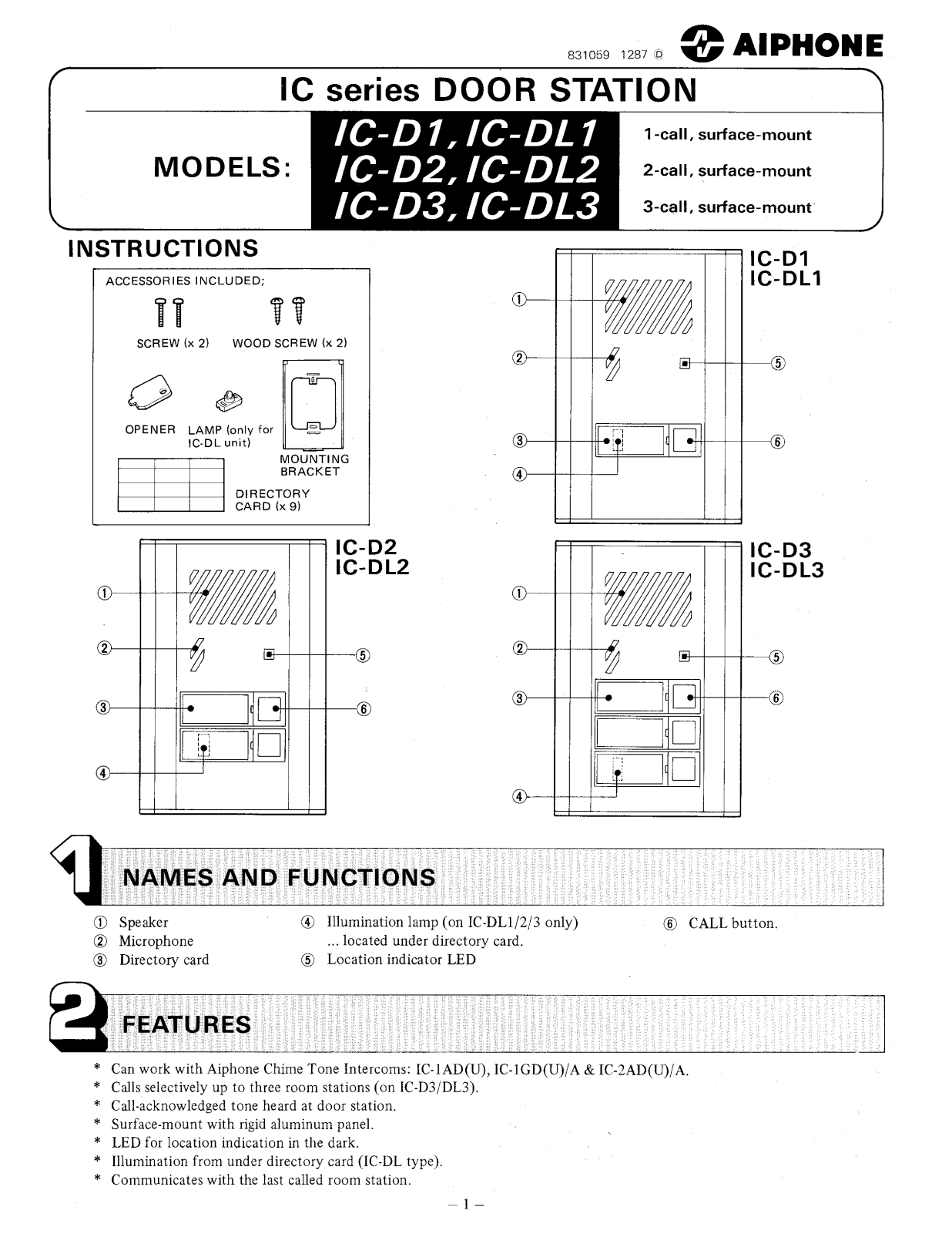 Aiphone IC-D2, IC-D1, IC-DL3, IC-DL1, IC-D3 User Manual