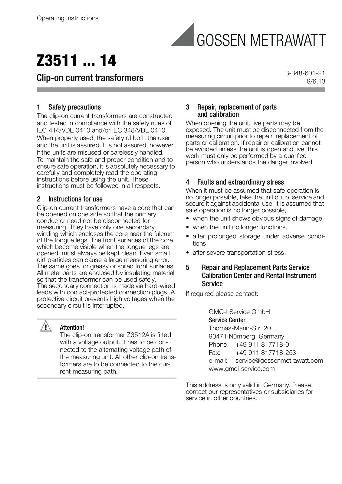 Gossen Metrawatt Z3511 Operating Instructions