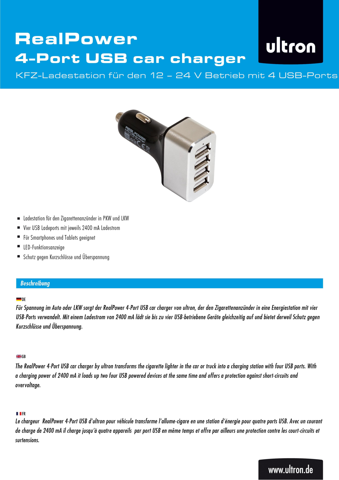 Ultron RealPower 4-Port USB Car Charger User Manual