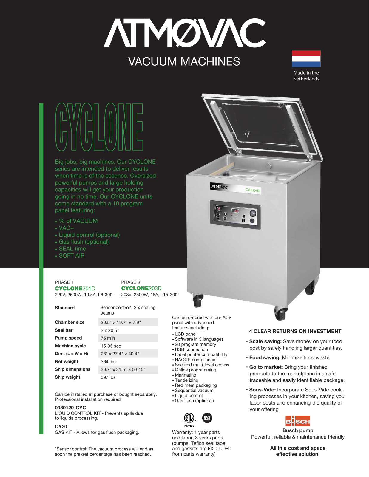 Atmovac CYCLONE203D, CY20, 0930120CYC, CYCLONE201D Specifications