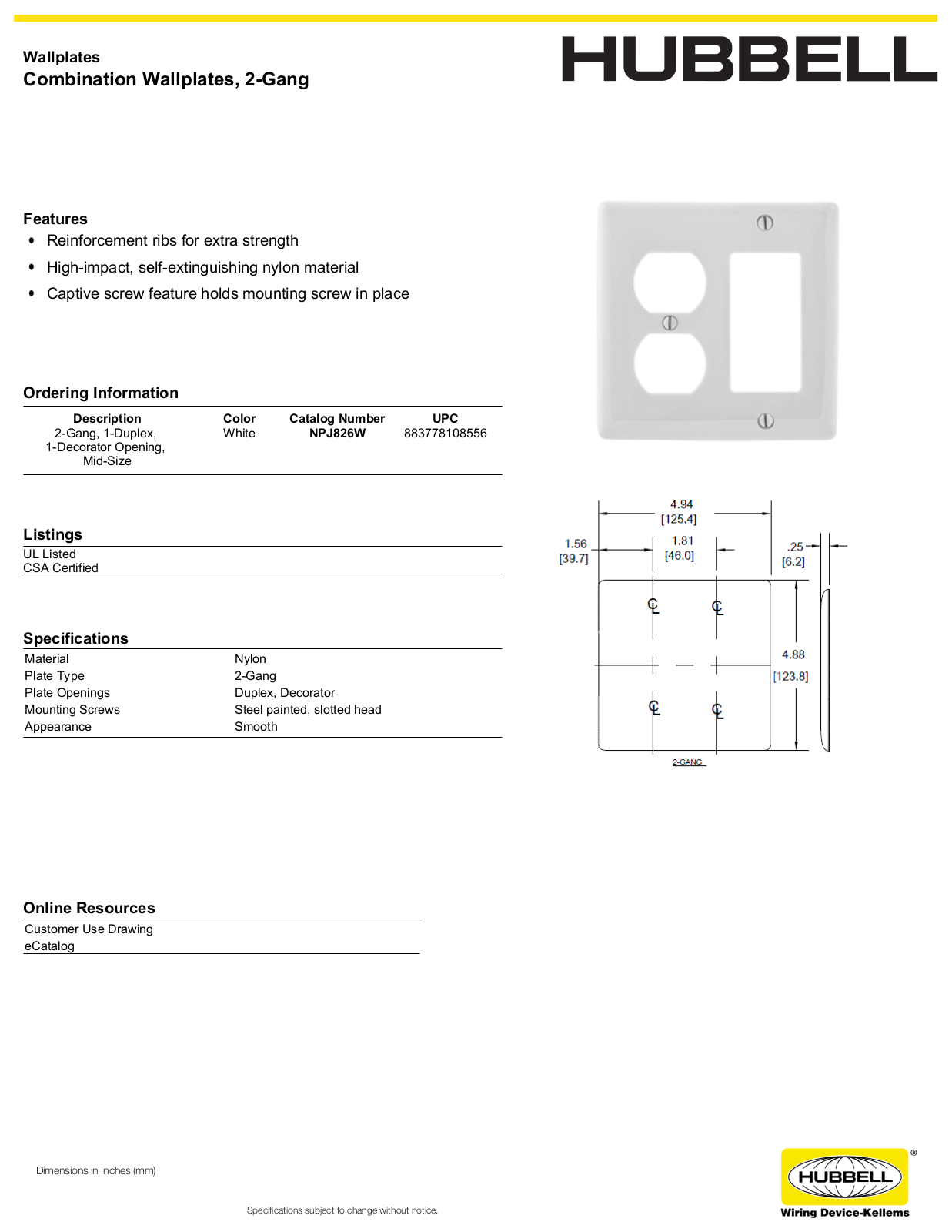 Hubbell NPJ826W Specifications