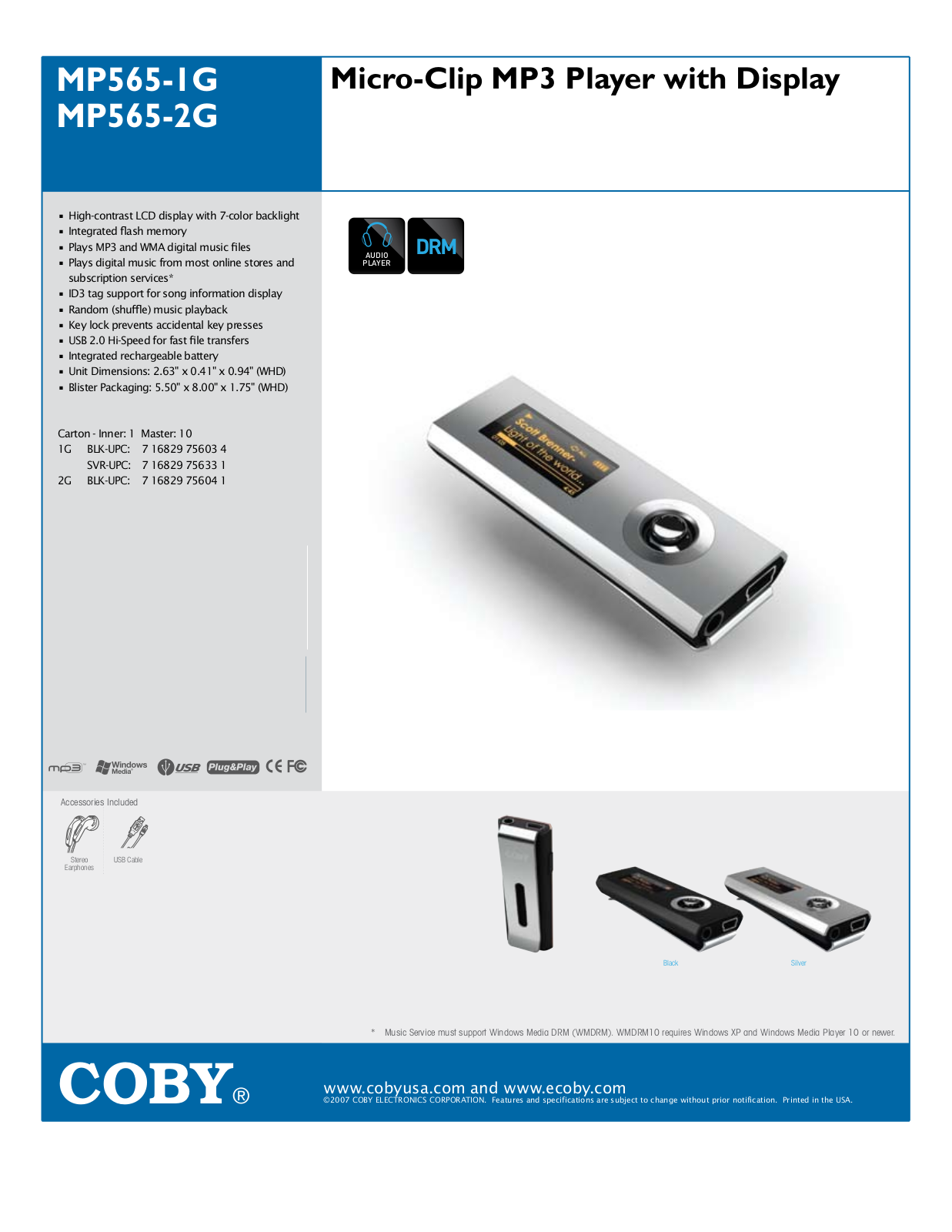 Coby MP-565 1GB, MP565-1G, MP565-2G Specifications