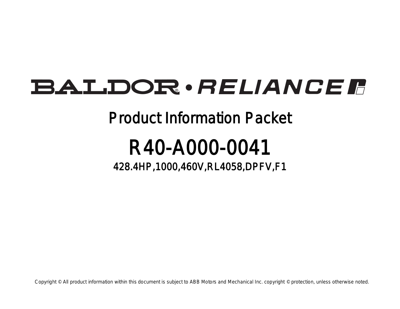 Baldor R40-A000-0041 Product Information Sheet