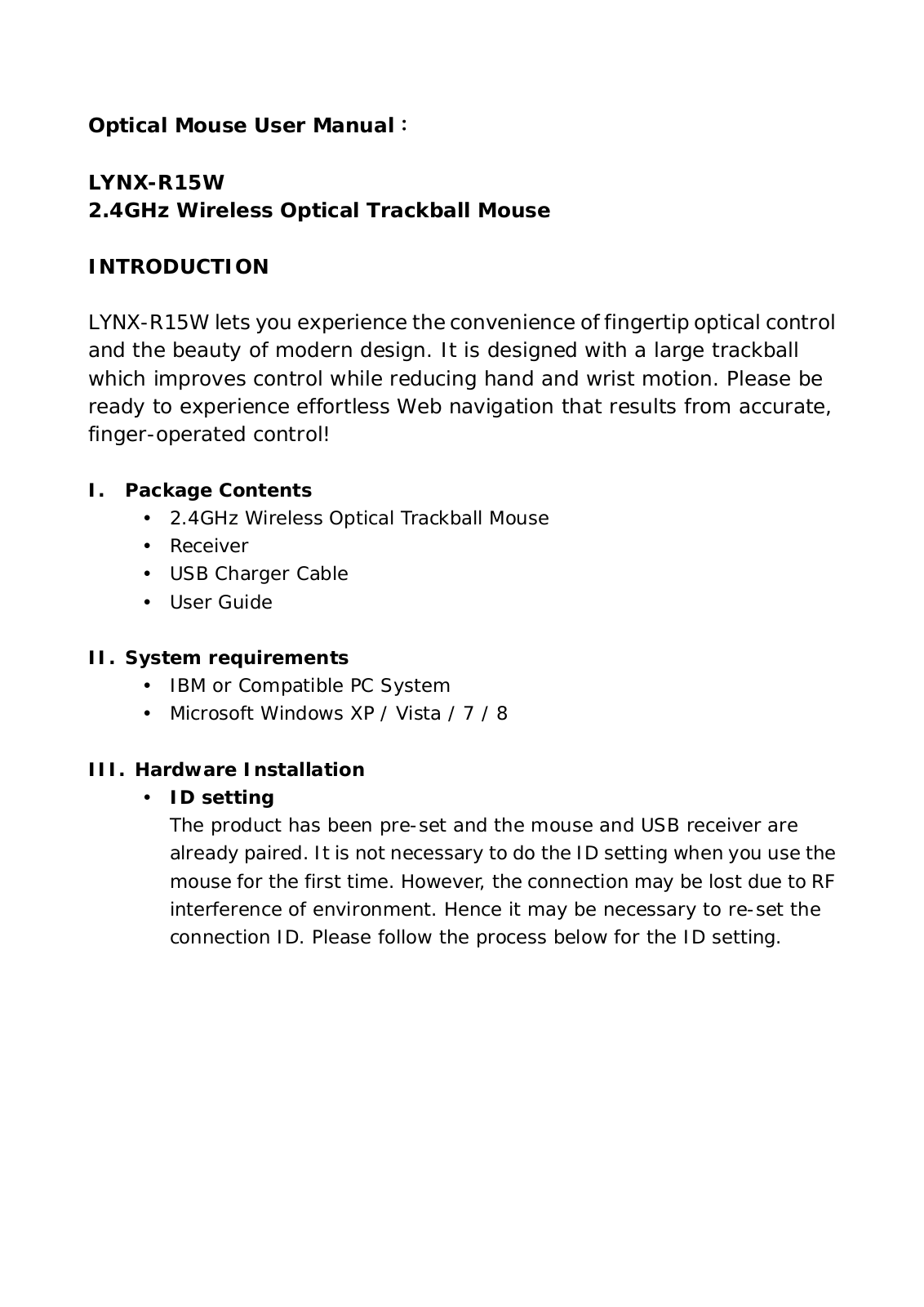 Ione LYNX R15W, RECEIVER User Manual