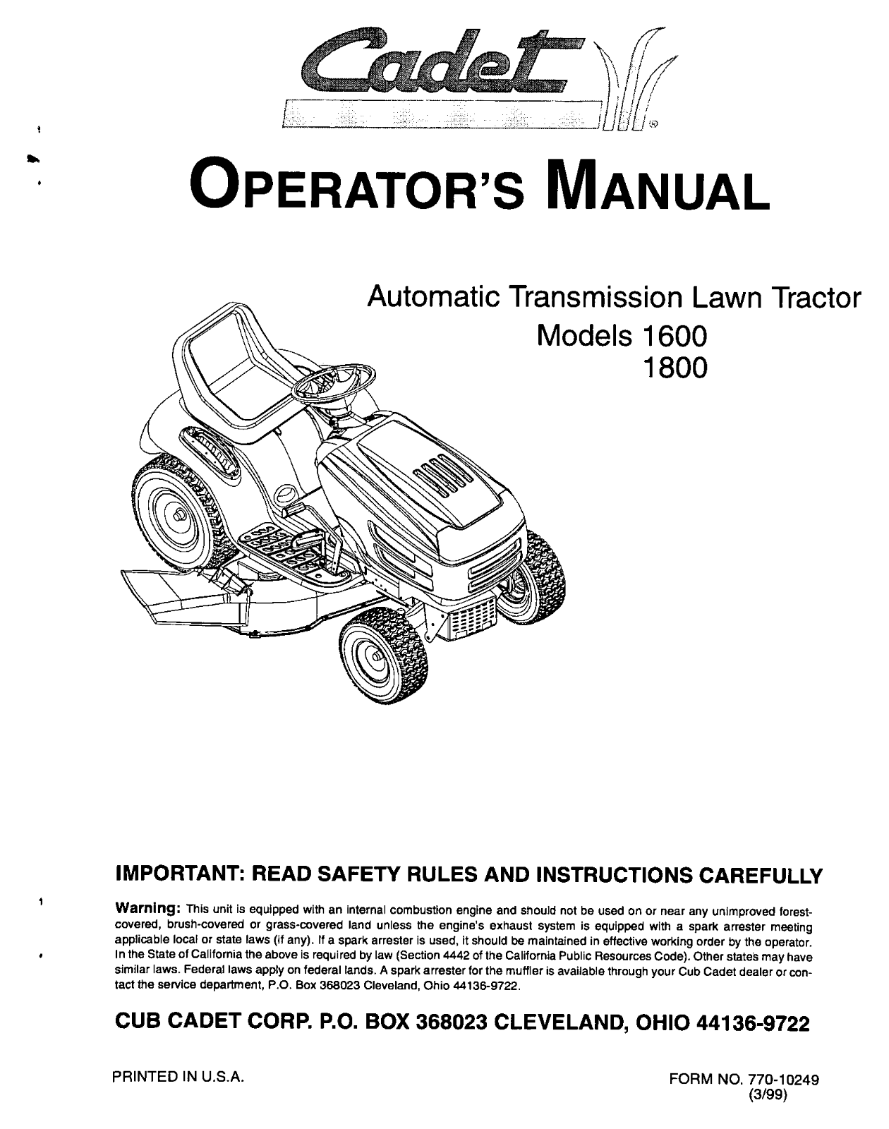 Cub Cadet 1600, 1800 User Manual