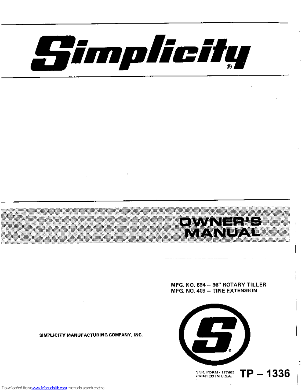 Simplicity TP-1336,694,409 Owner's Manual