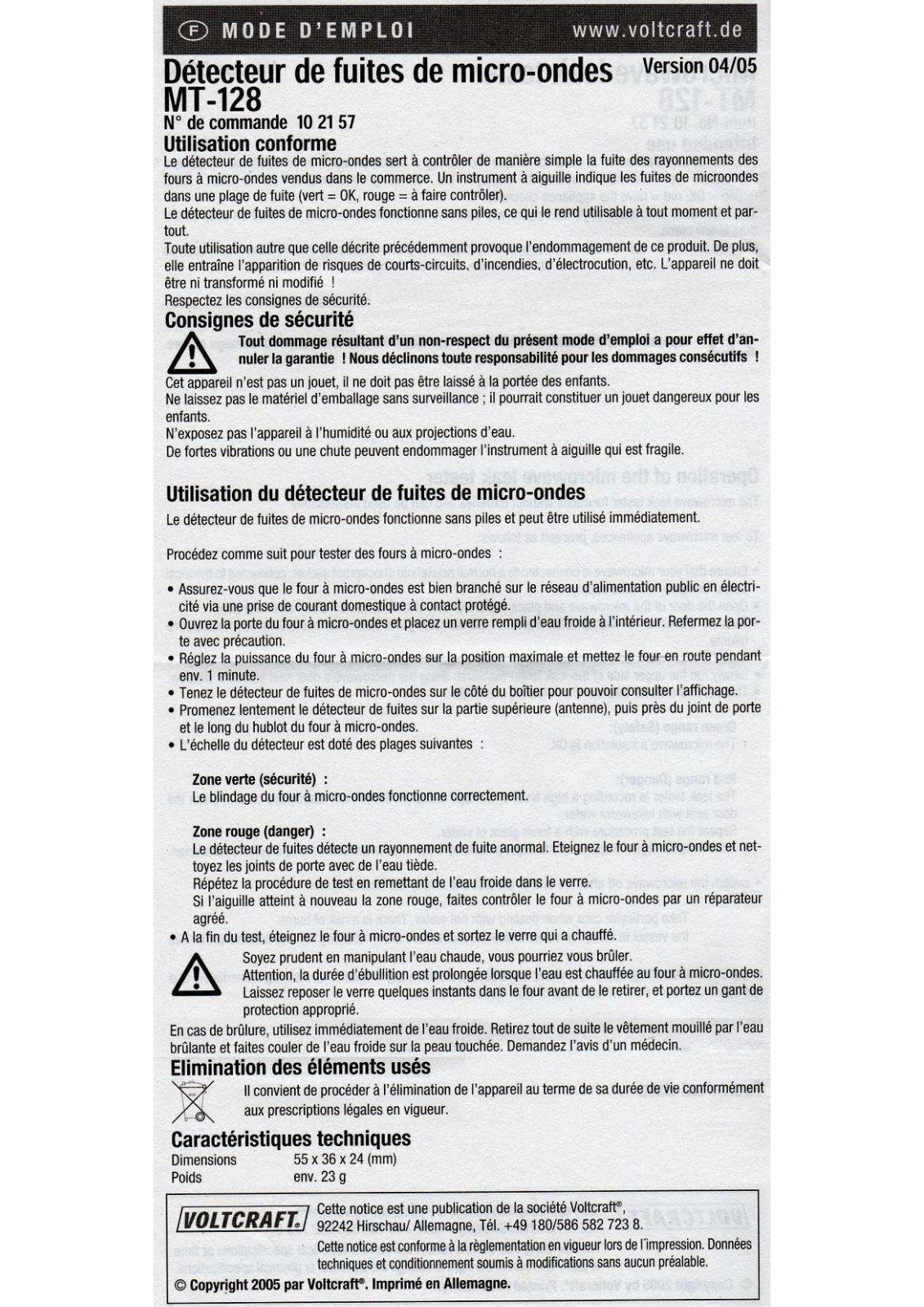 Voltcraft MT-128 DATASHEET