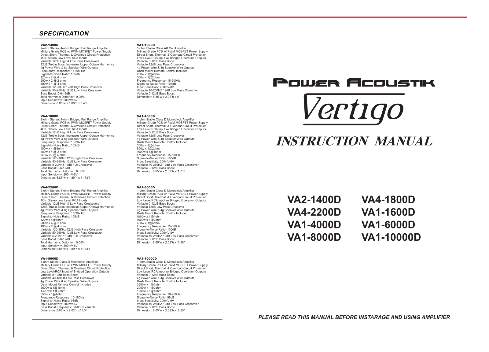 Vertigo VA2-1400D, VA4-2200D, VA1-4000D, VA1-8000D, VA4-1800D User manual