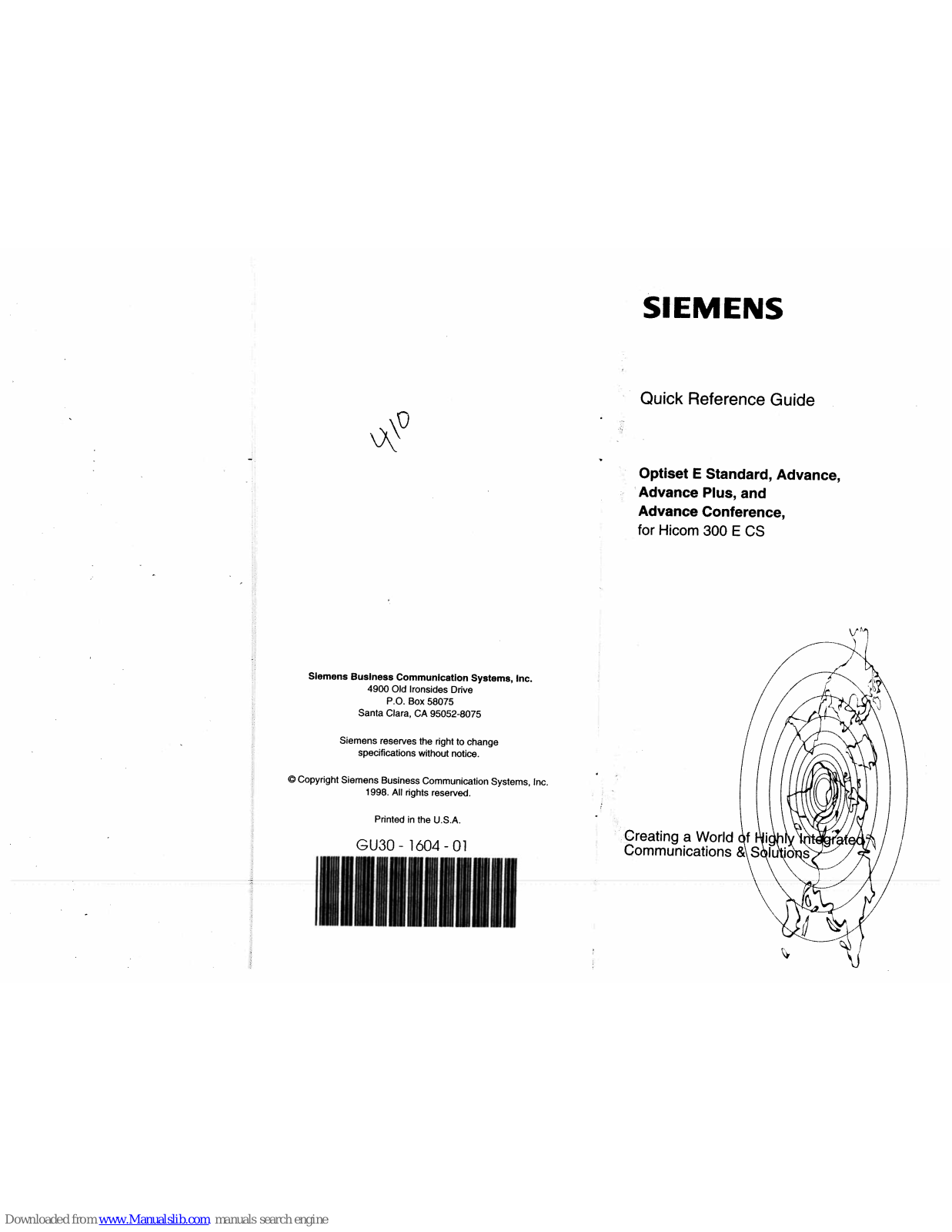 Siemens Optiset E Standart, Advance, Advance Plus, Advance Conference Quick Reference Manual