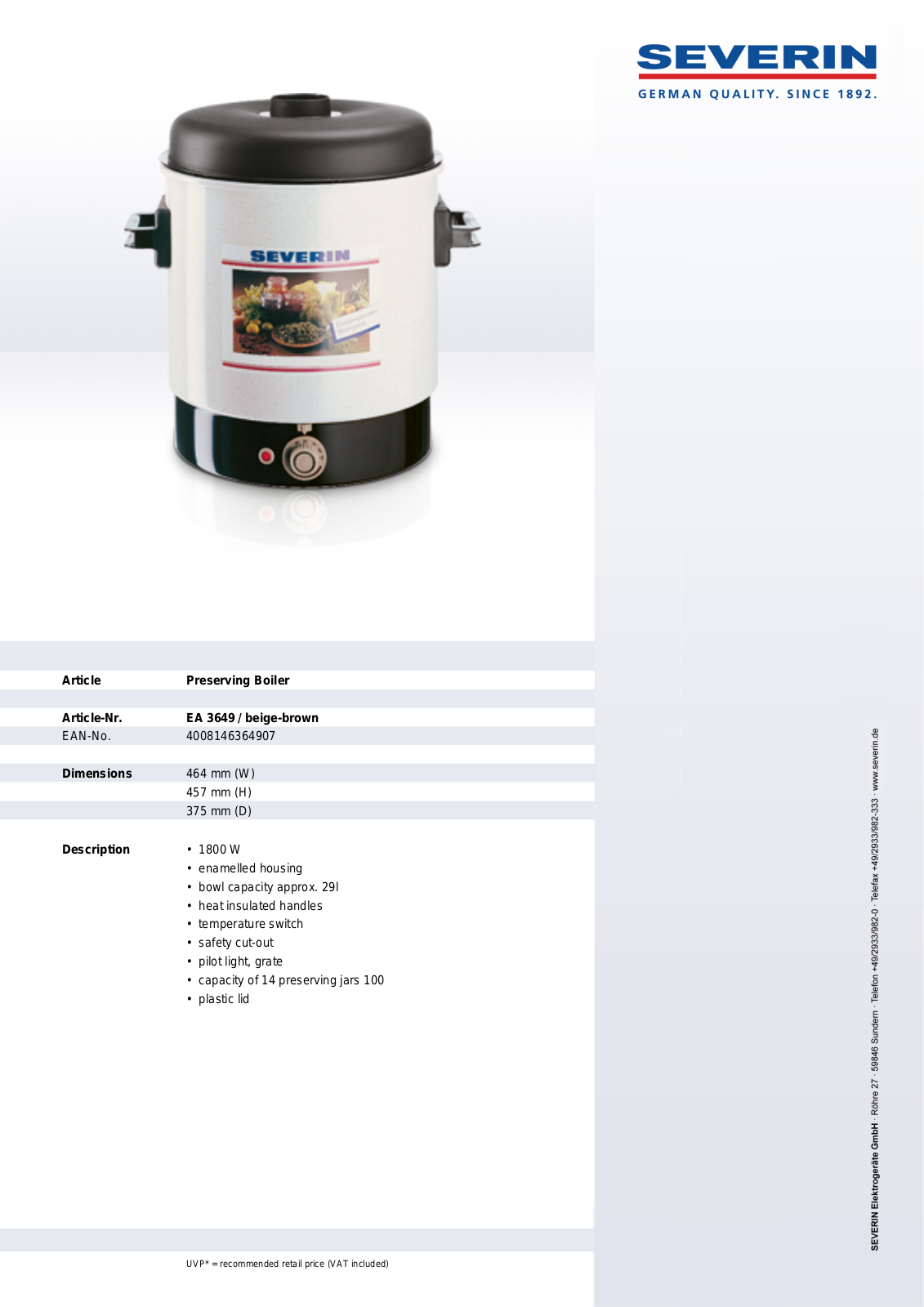 Severin PRESERVING BOILER, EA 3649 User Manual