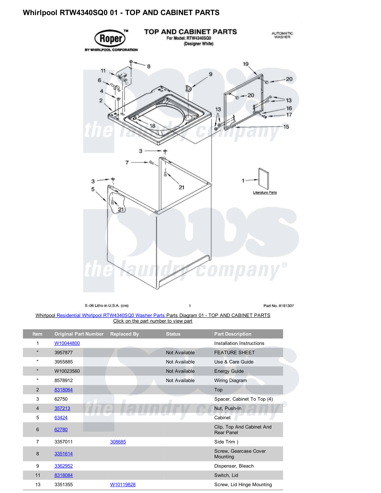 Whirlpool RTW4340SQ0 Parts Diagram