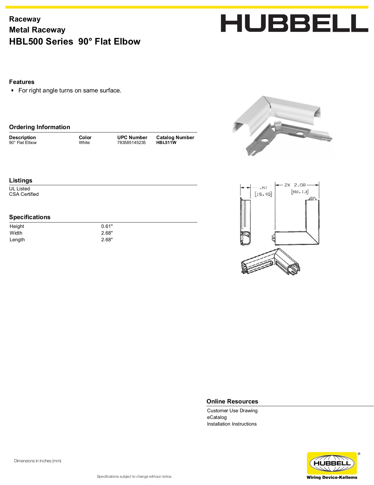 Hubbell HBL511W Specifications