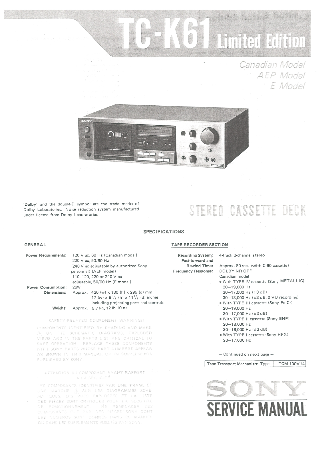 Sony TC-K61 User Manual