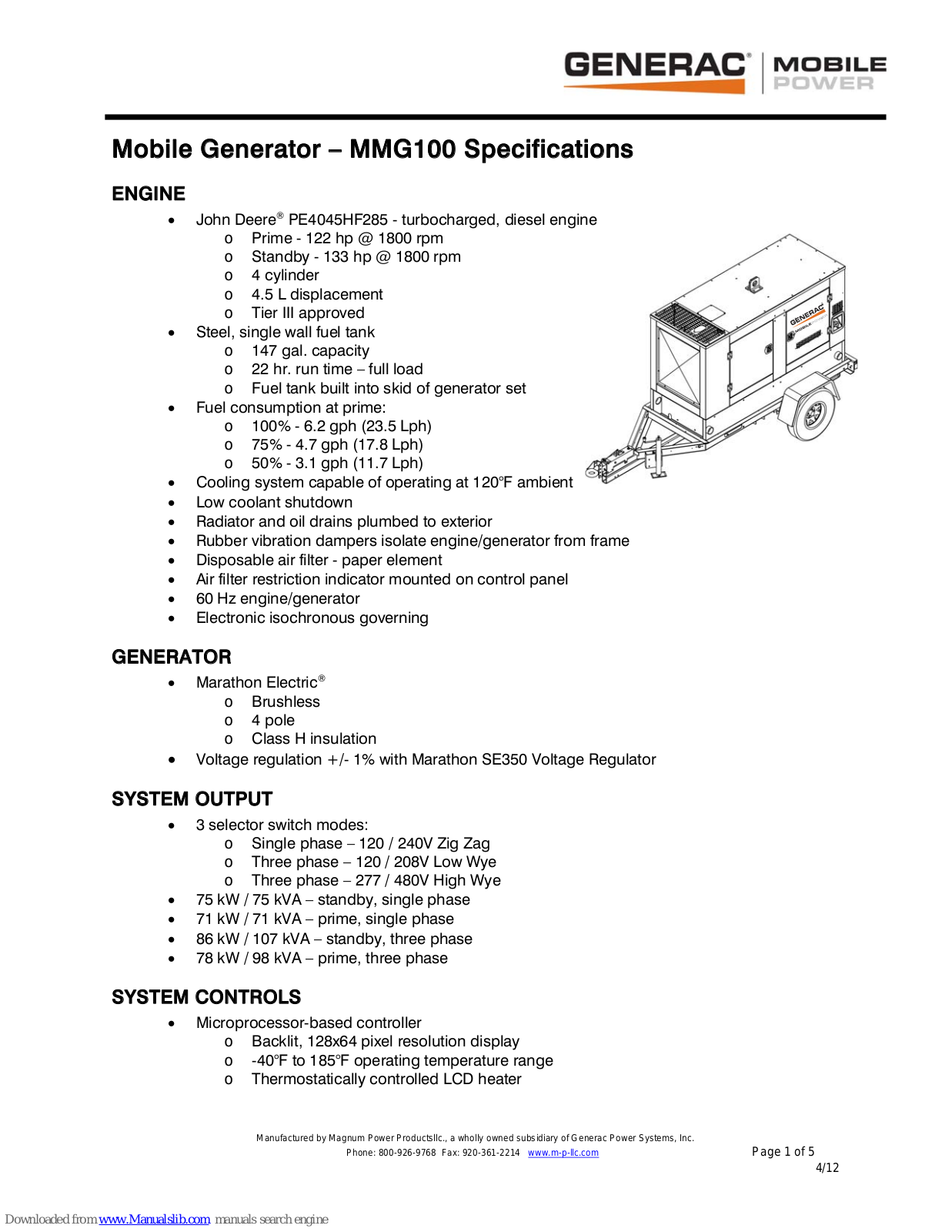 Generac Power Systems Mobile Power MMG100 Specifications