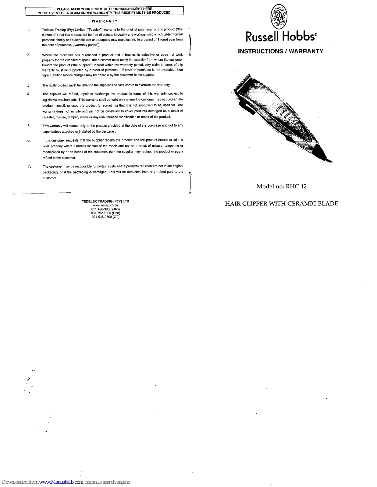 Russell Hobbs RHC 12 Instructions & Warranty