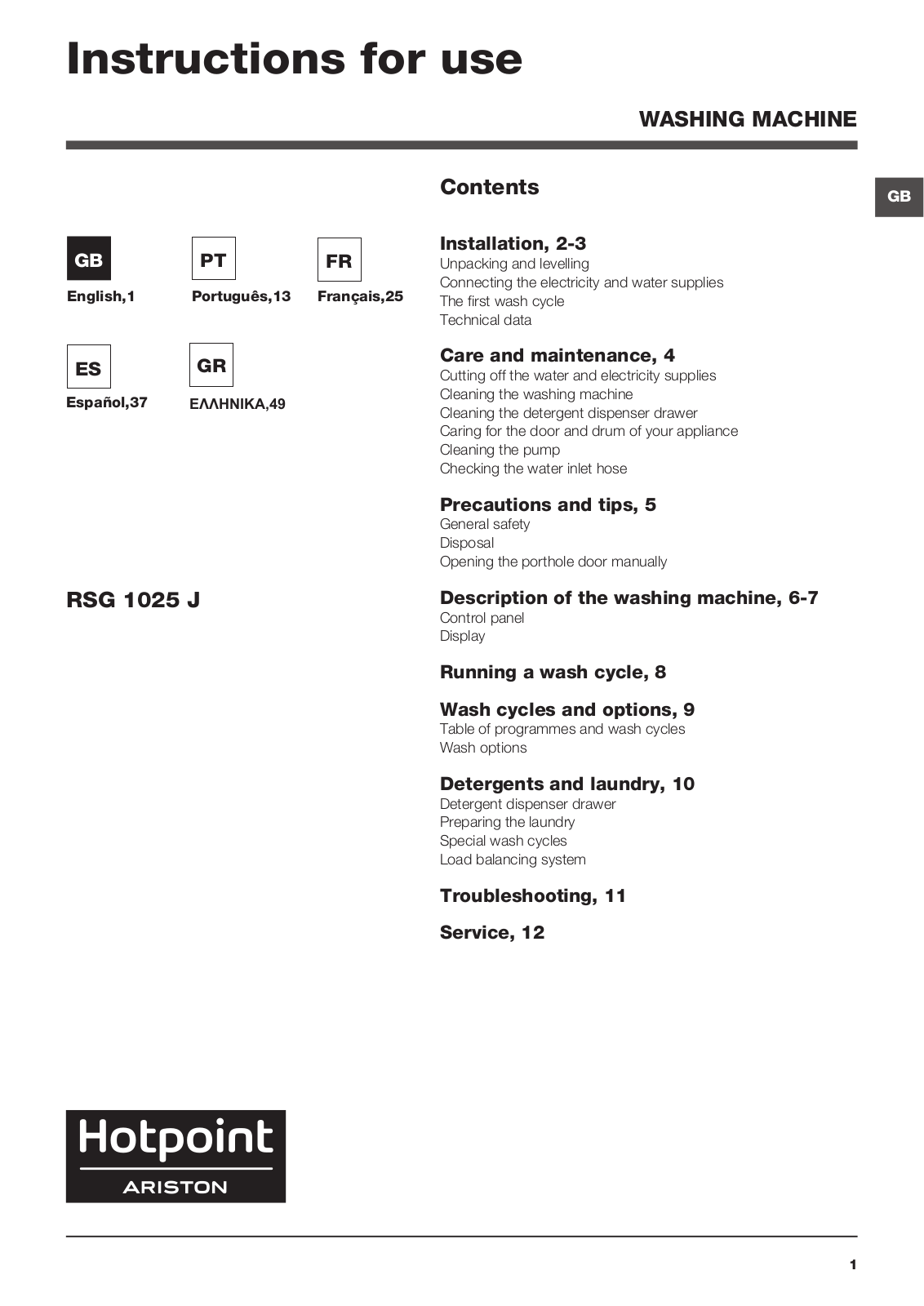 HOTPOINT/ARISTON RSG 1025 J EU User Manual