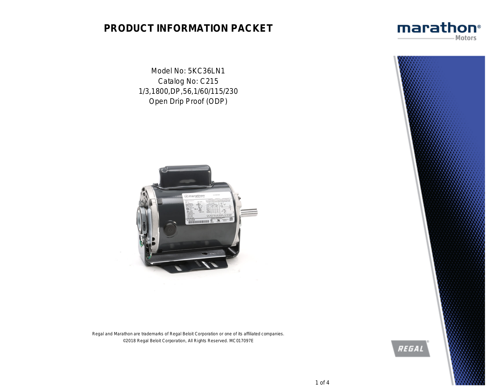 Marathon Electric 5KC36LN1 Product Information Packet