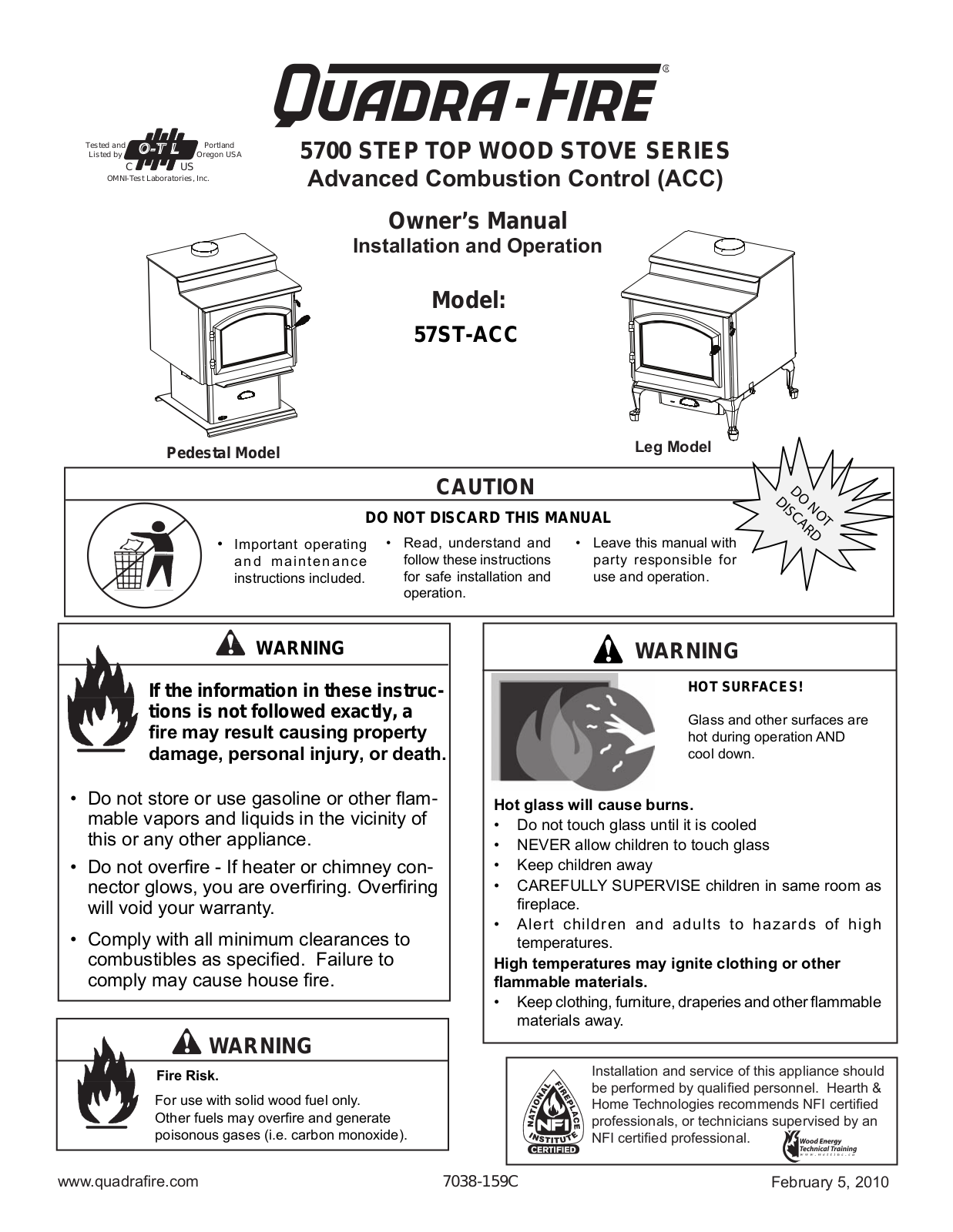 Quadra-Fire 57ST-ACC Owner's Manual