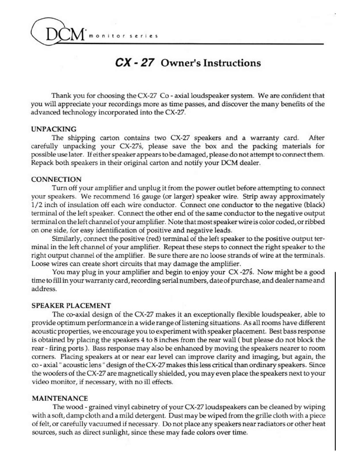 DCM CX-27 Owners manual