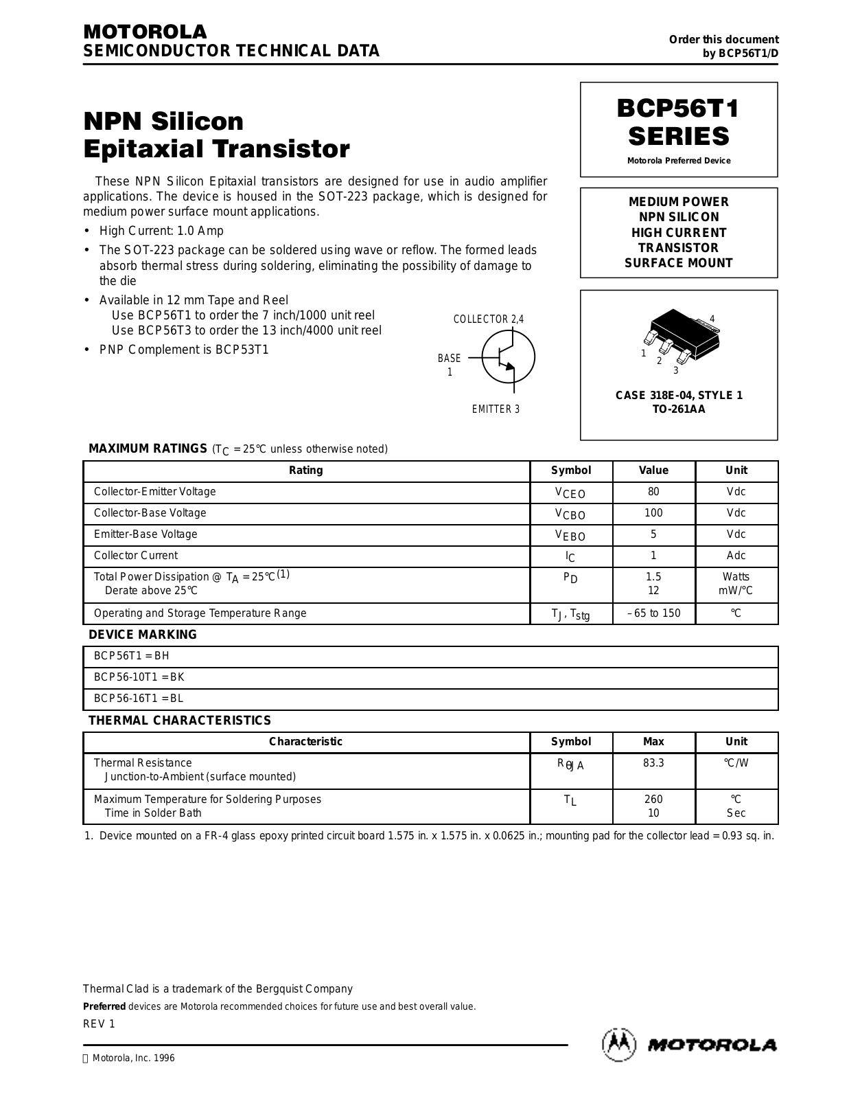 Motorola BCP56T1, BCP56-16T1, BCP56-10T1 Datasheet