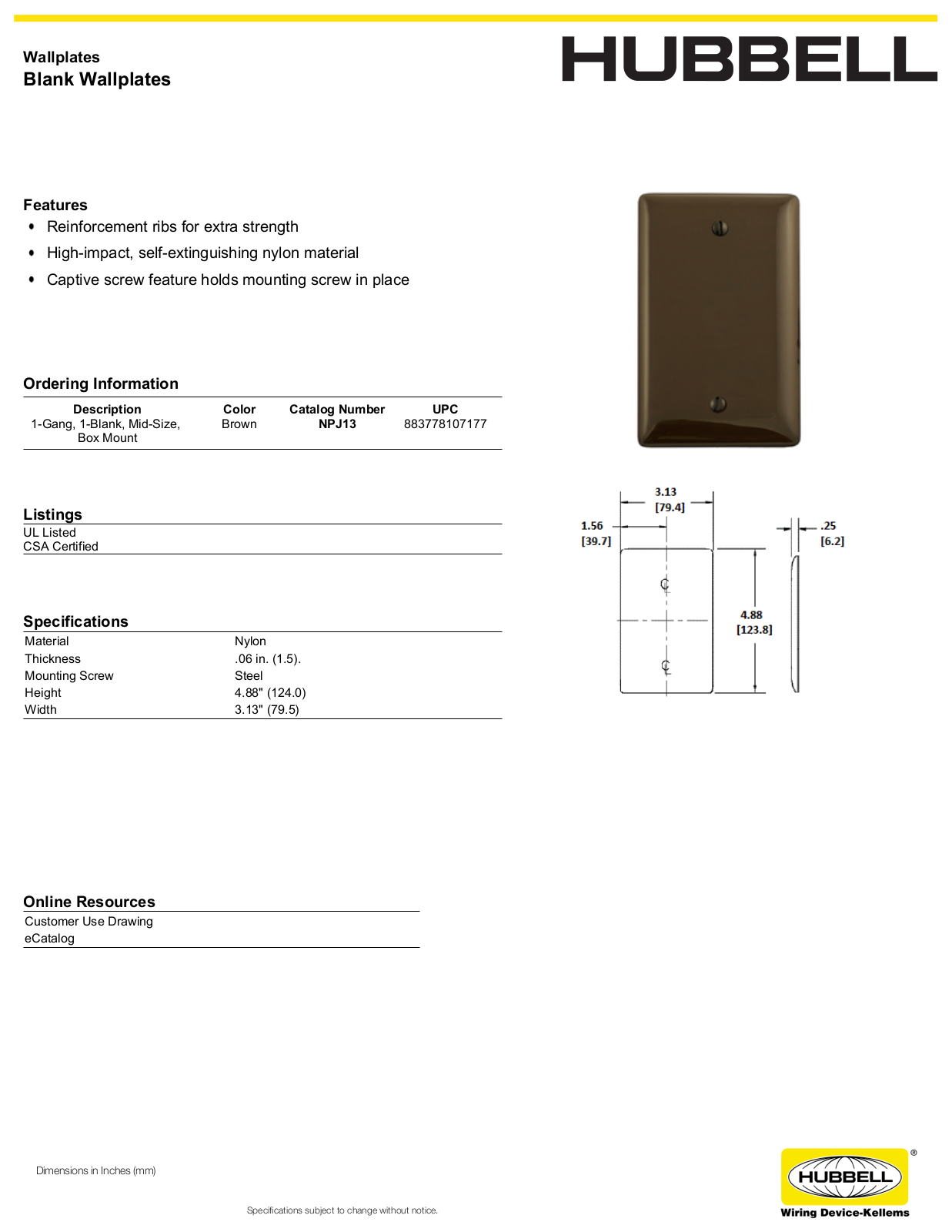 Hubbell NPJ13 Specifications