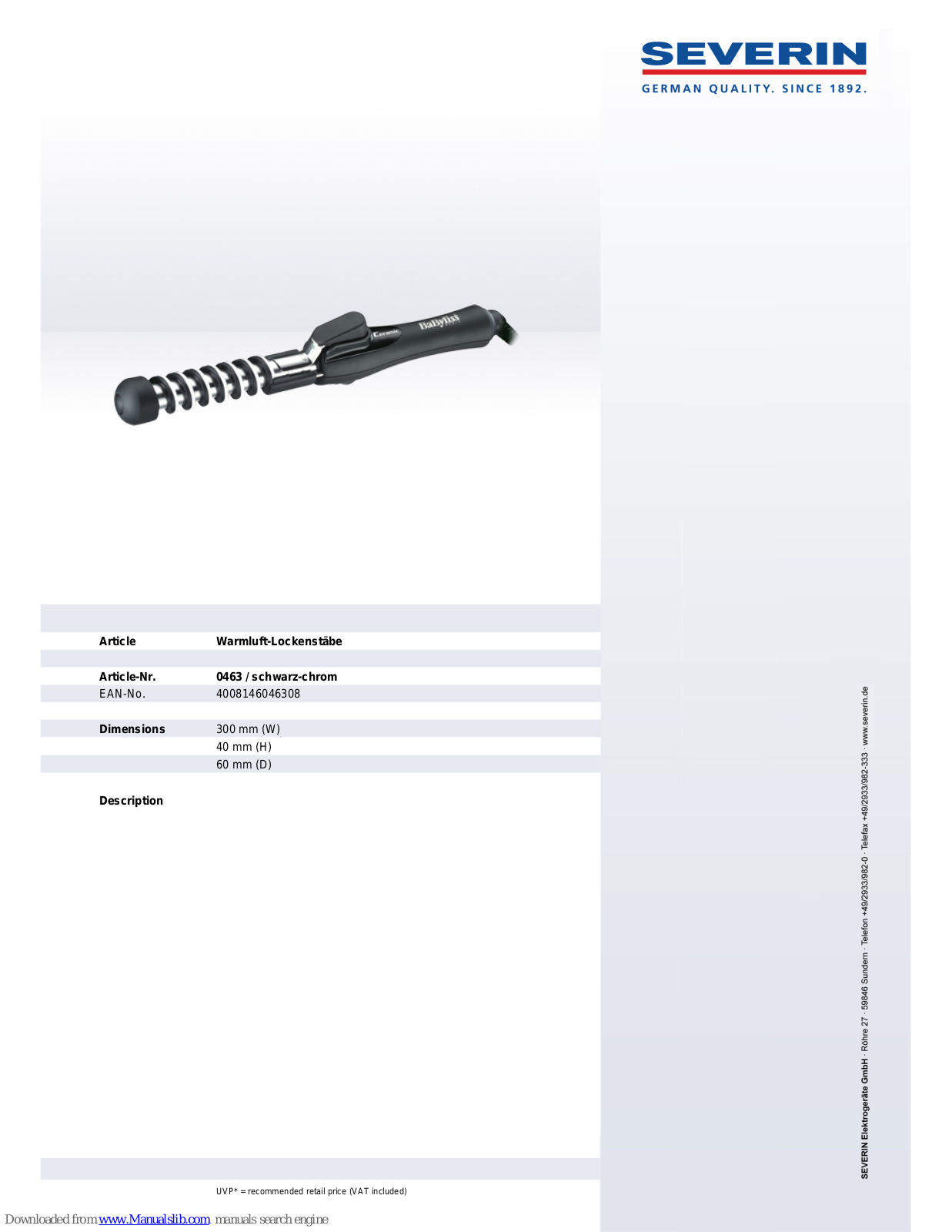 SEVERIN PRESS N´, CURL 0463, 463 Dimensions