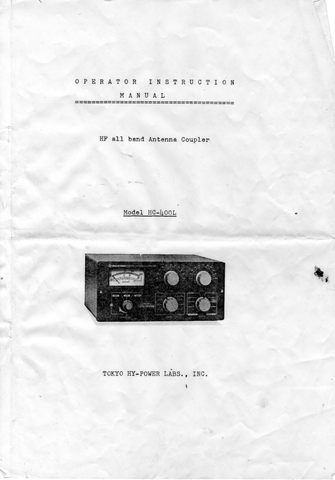 Tokyo Hy-Power Labs HC-400L Service manual