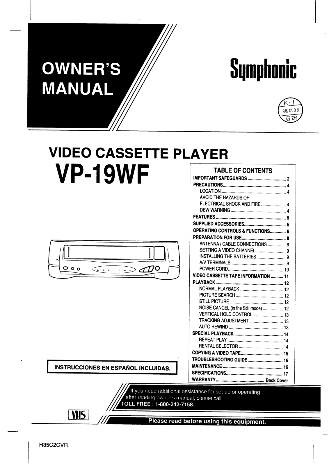 FUNAI VP19WF, VP19WF User Manual