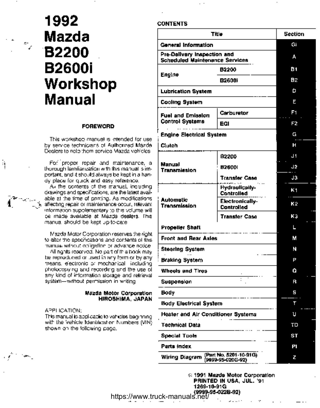 Mazda B2200, B2600i Workshop Manual