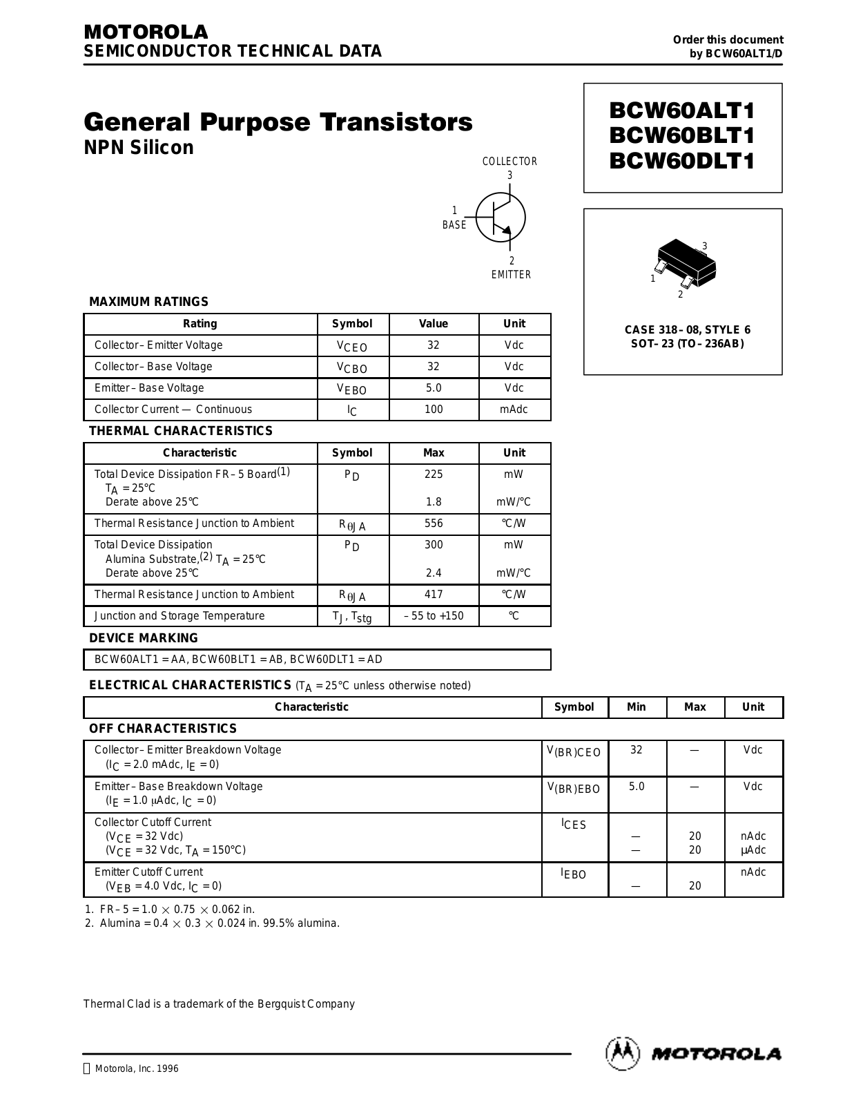 Motorola BCW60DLT1, BCW60BLT1, BCW60ALT1 Datasheet