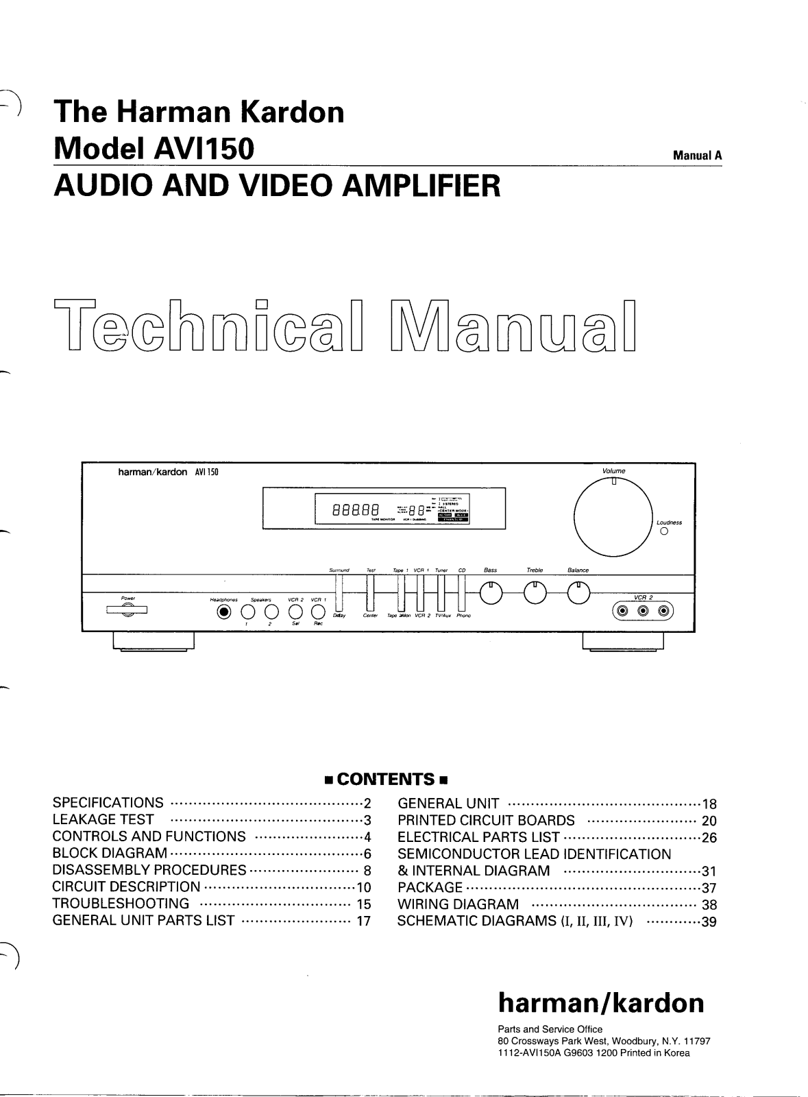 Harman Kardon AVI150 Technical manual