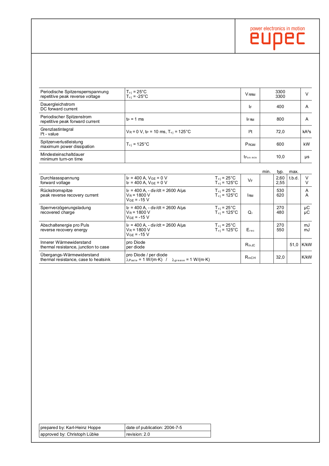 Infineon DD400S33KL2C Data Sheet