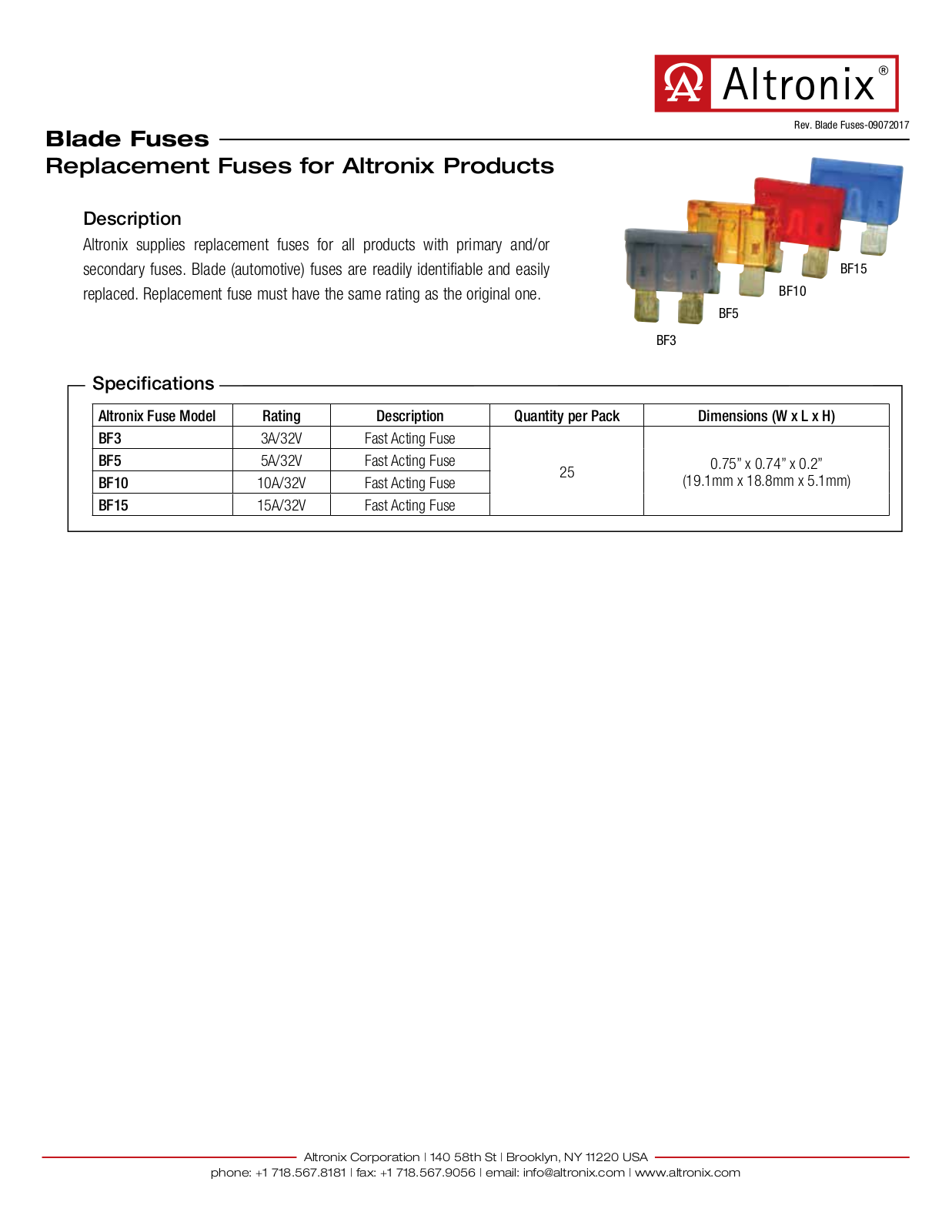 Altronix BF10, BF15, BF3 Specsheet