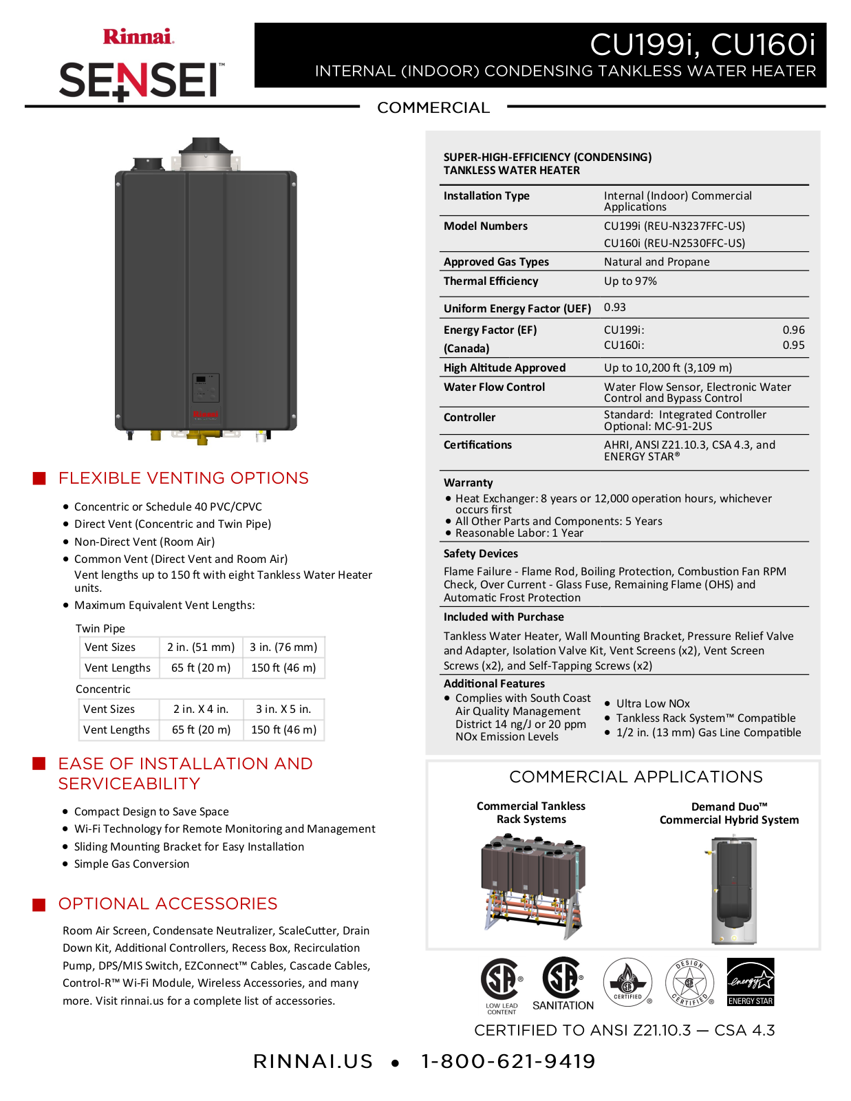 Rinnai Water Heater CU160iN Specifications