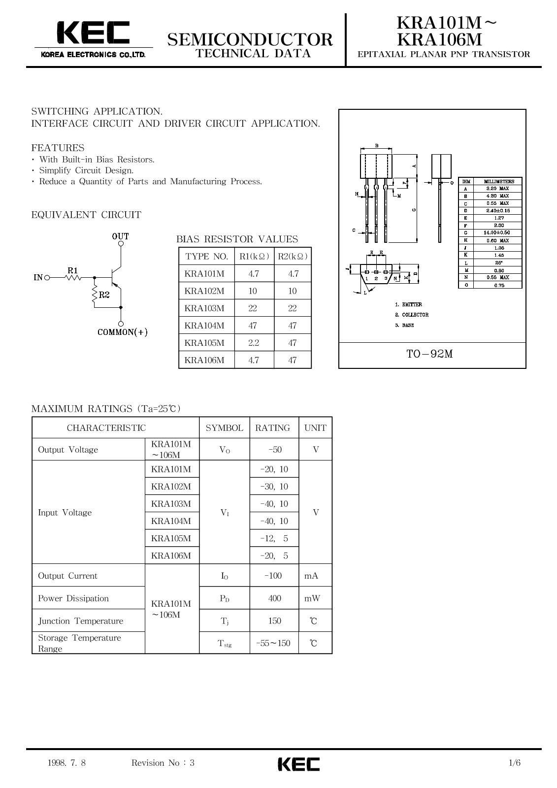 KEC KRA106M, KRA105M, KRA103M, KRA102M, KRA101M Datasheet