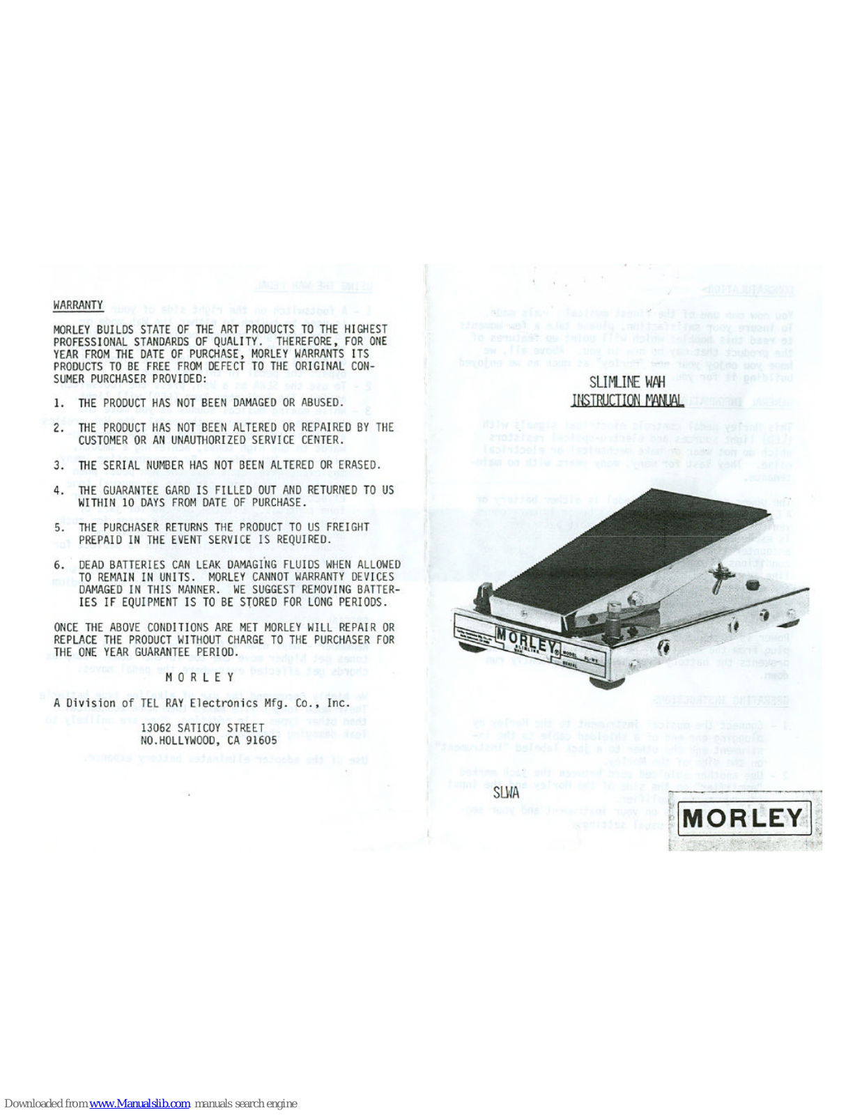 MORLEY PEDALS SLWA1, SLWA, Slimline WAH Instruction Manual