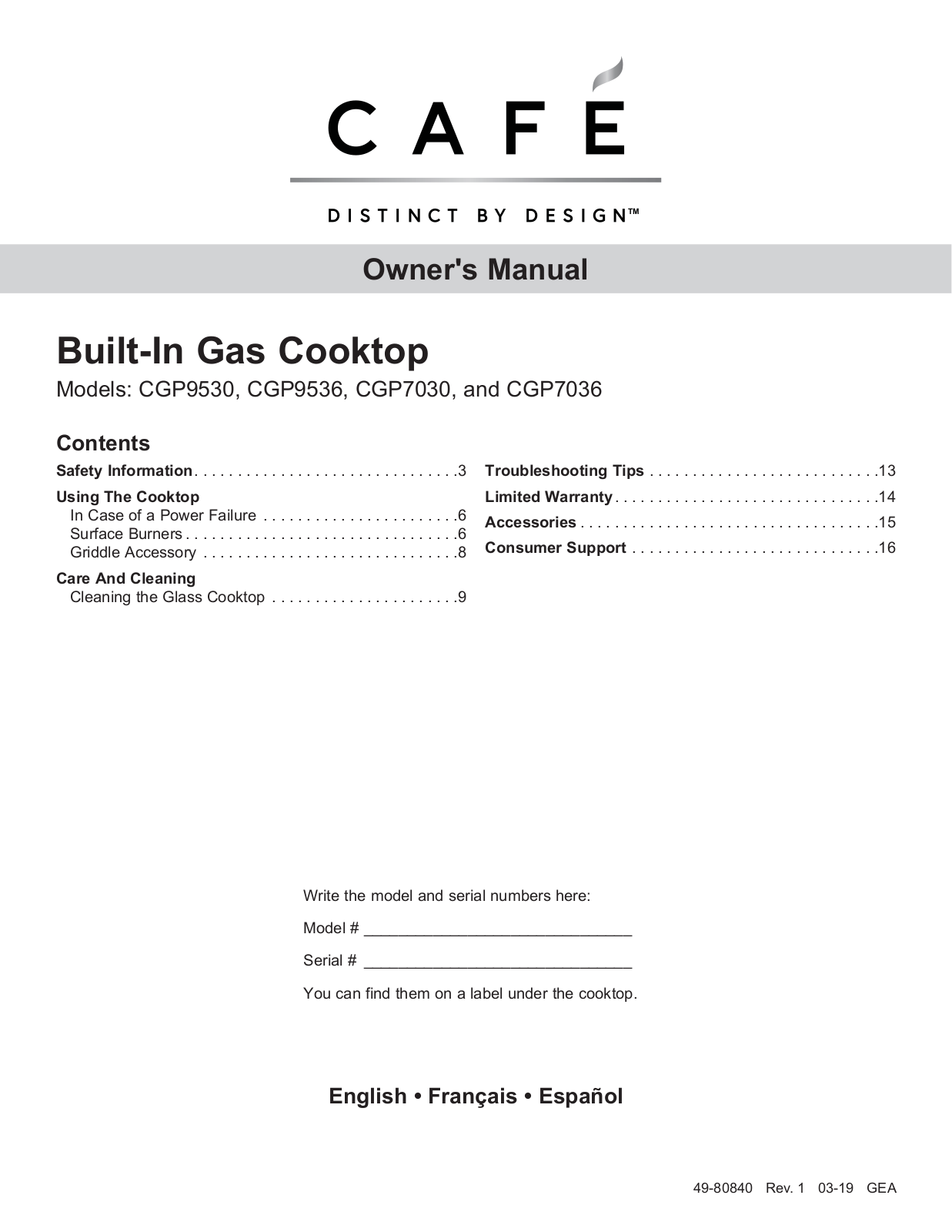 GE CGP95363M1S2, CGP95362M1S2, CGP95362M1S1, CGP95302M1S2, CGP95302M1S1 Owner’s Manual