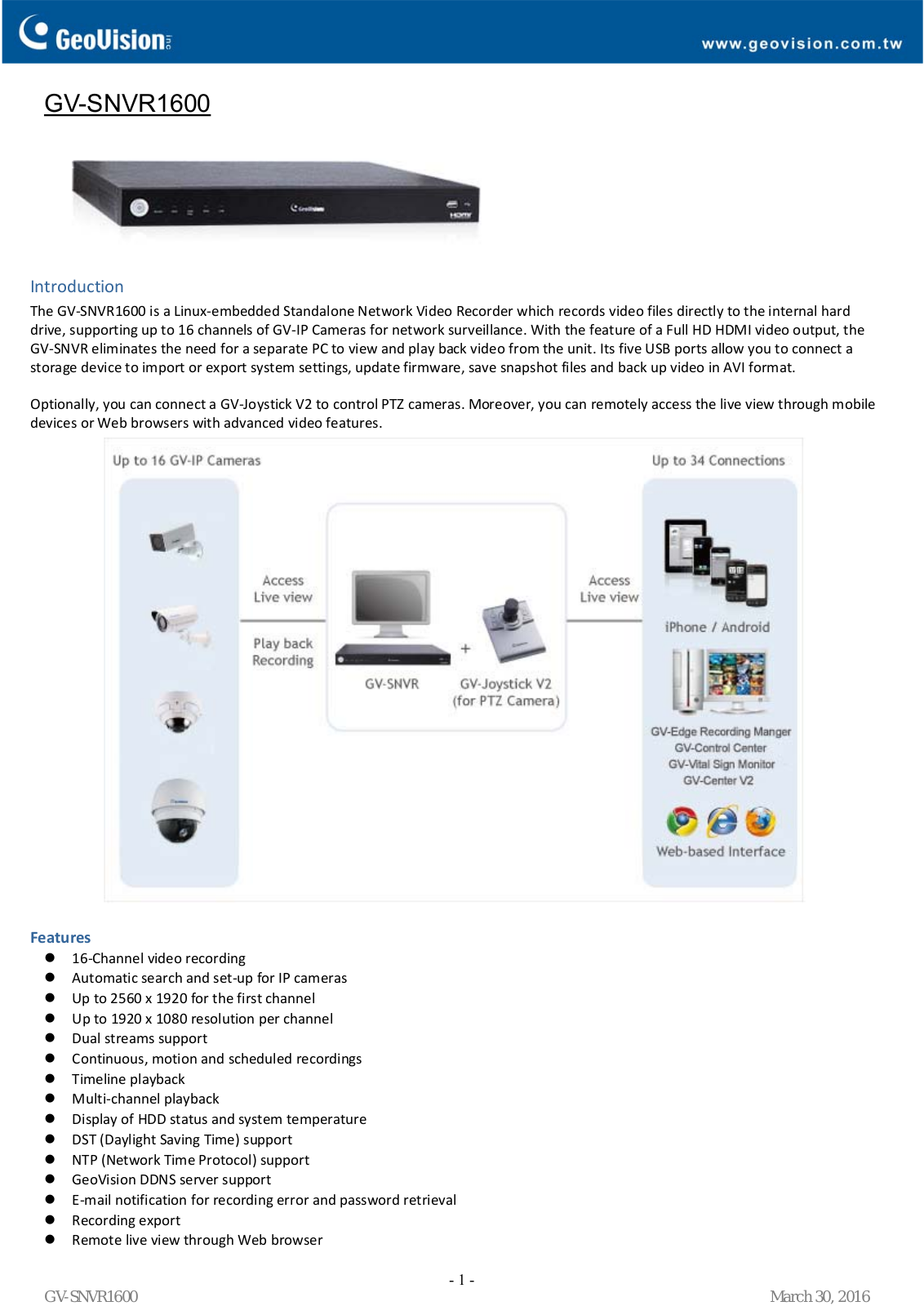 Geovision GV-SNVR1600 Specsheet