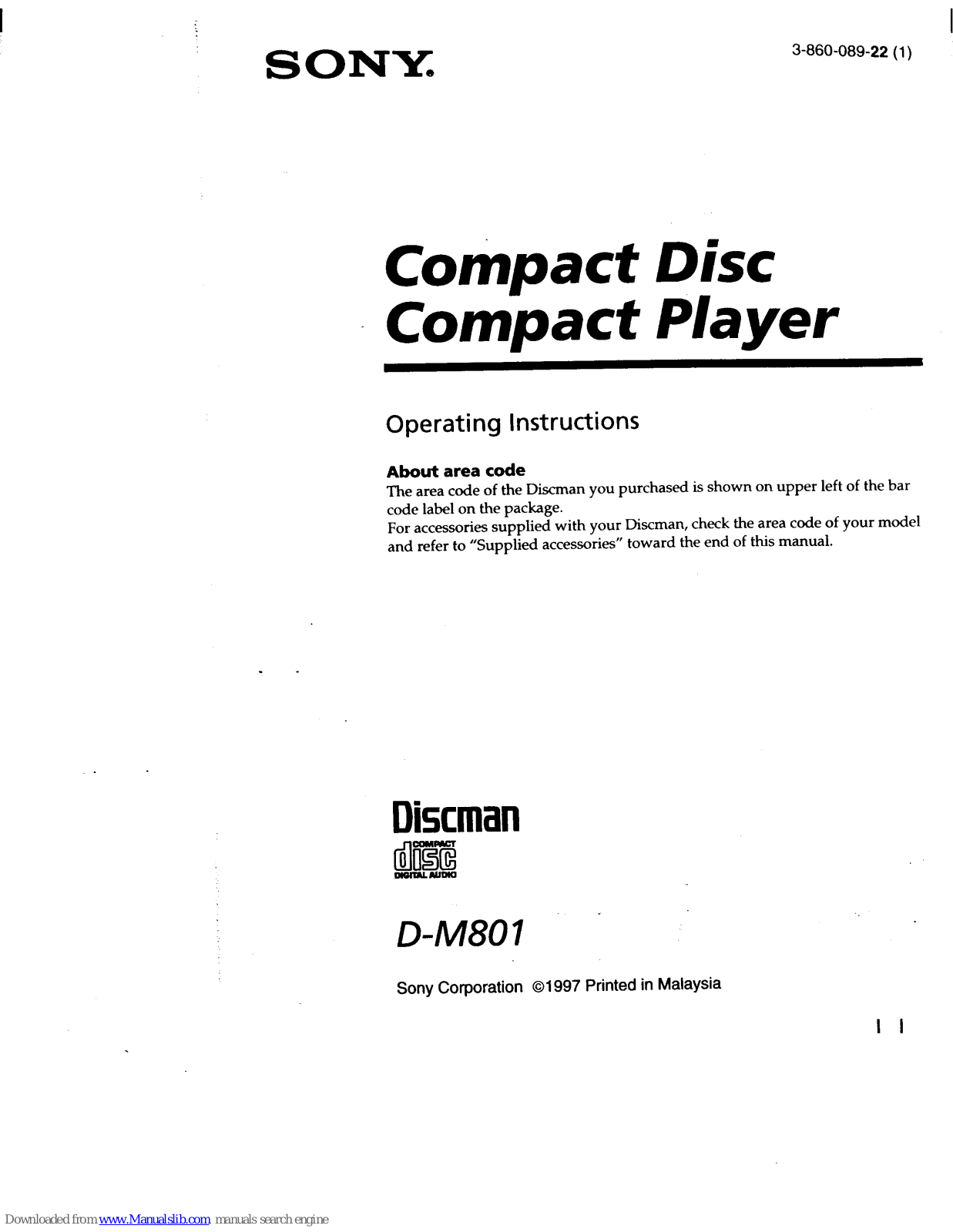 Sony D-M801 Primary Operating Instructions Manual