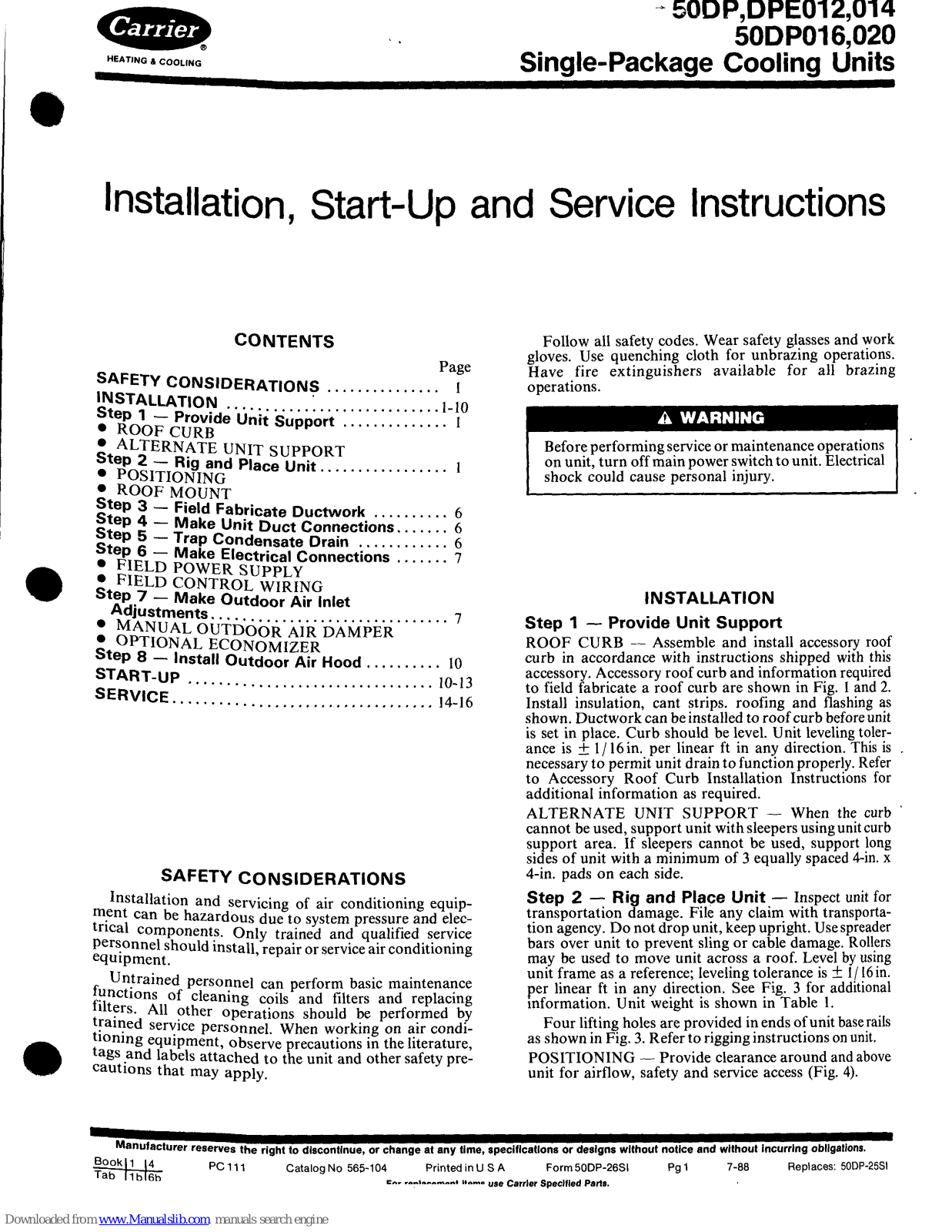 Carrier 50DP012, 50DP014, 50DPE012 Installation, Start-up And Service Instructions Manual - ManualMachine.com