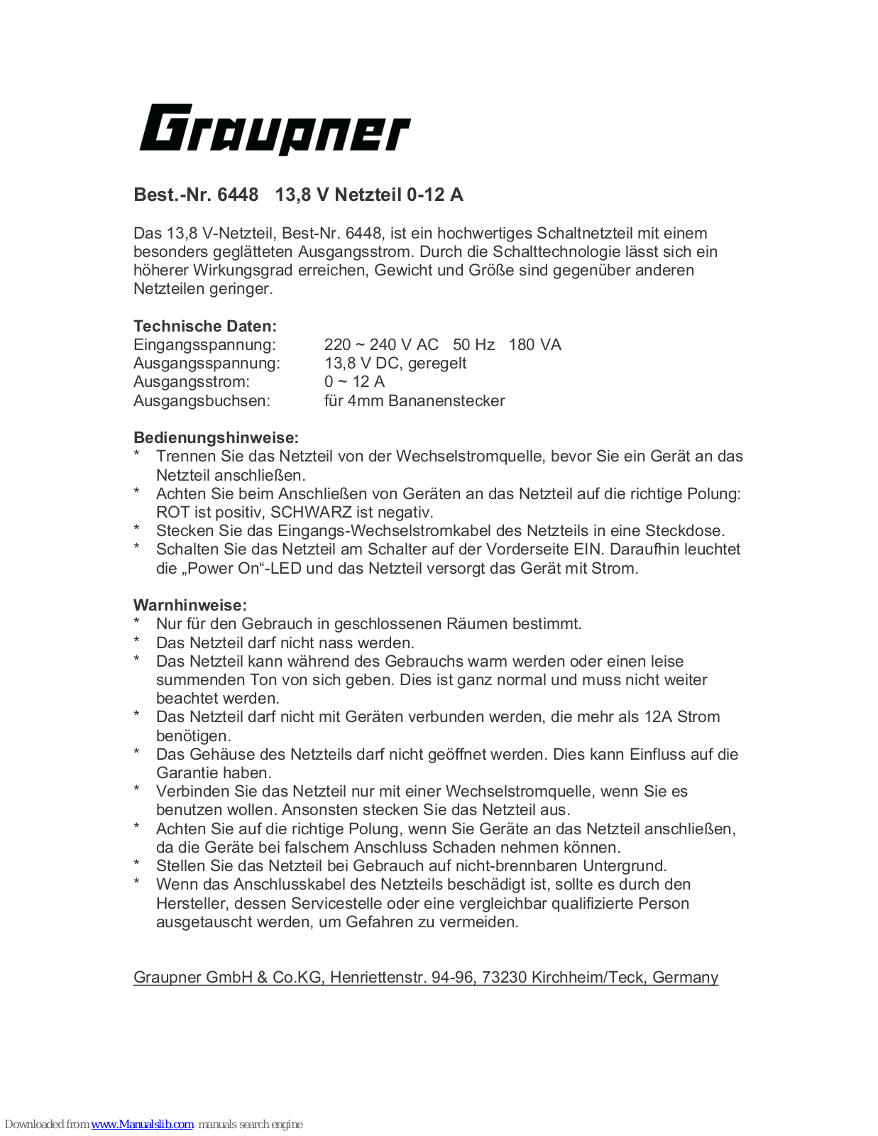 GRAUPNER POWER SUPPLY 13.8V 0-12A, 6448 User Manual