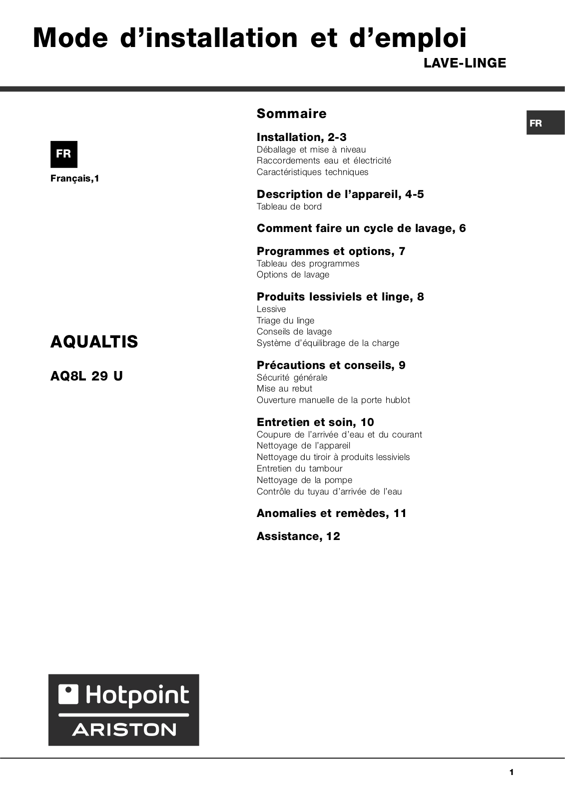 HOTPOINT AQUALTIS PWAQ82L 29 FR User Manual