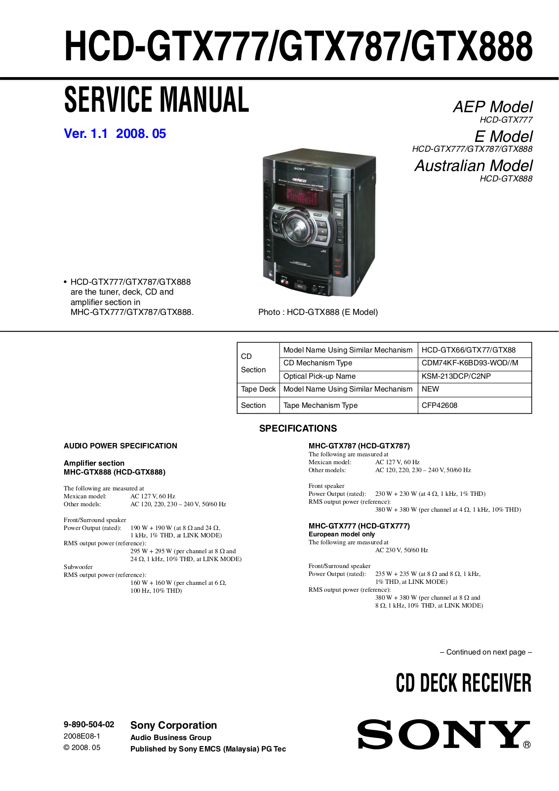 Sony HCD-GTX888, HCD-GTX777, HCD-GTX787 User Manual