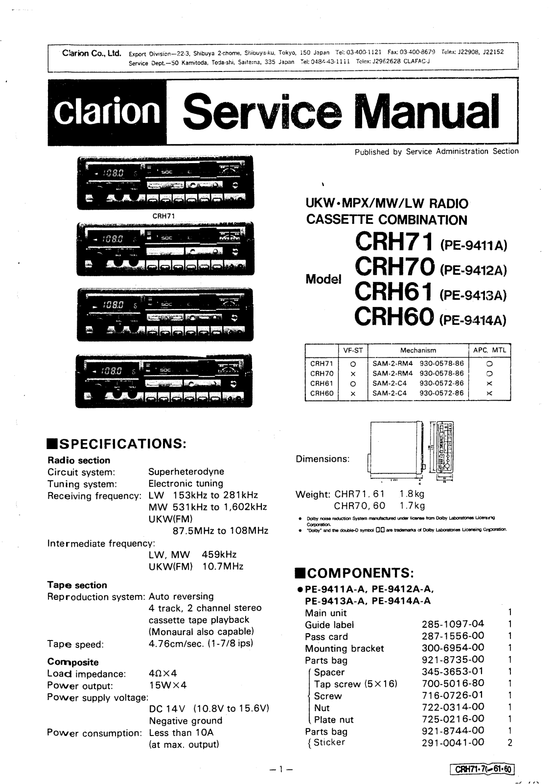 Clarion CRH60, CRH61, CRH70, CRH71 Schematic