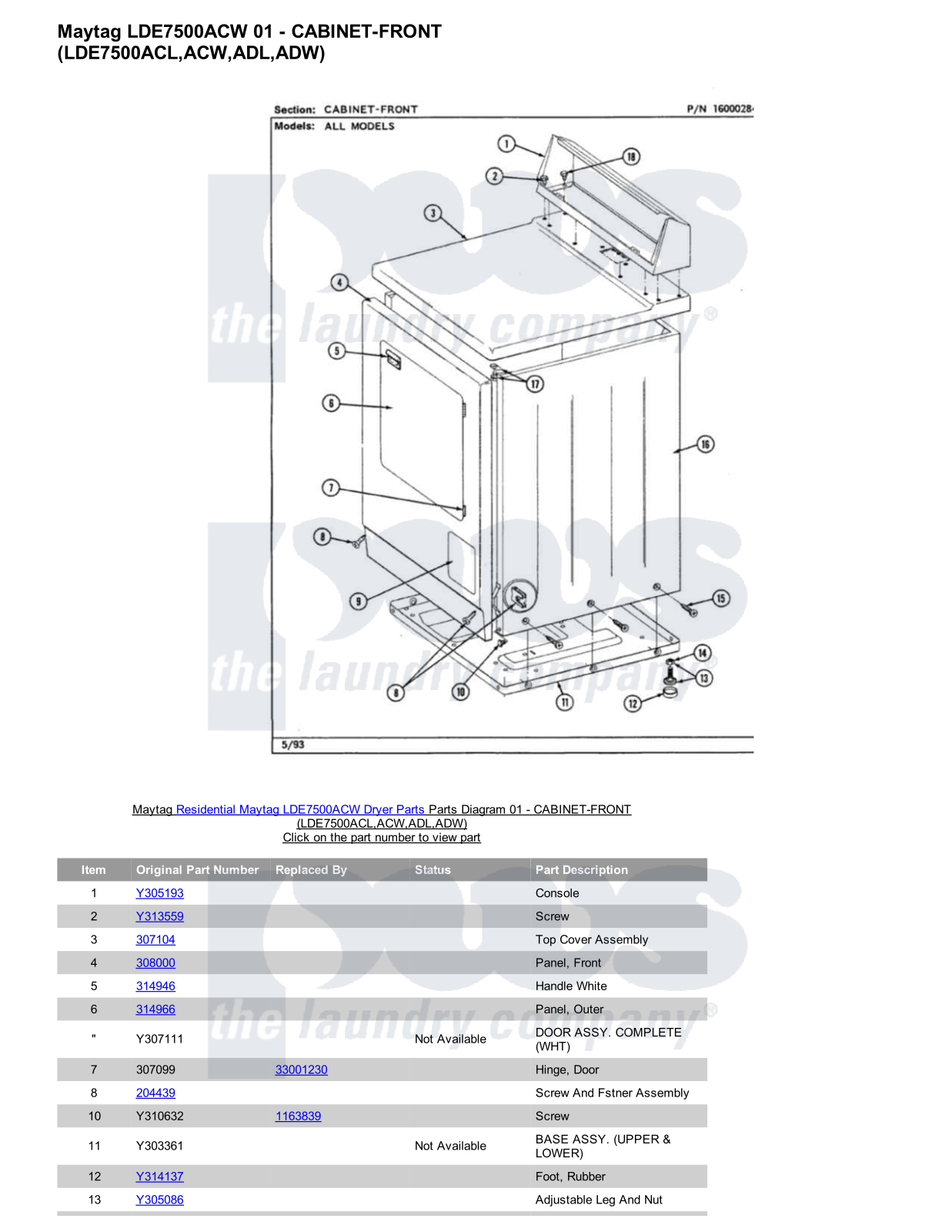 Maytag LDE7500ACW Parts Diagram