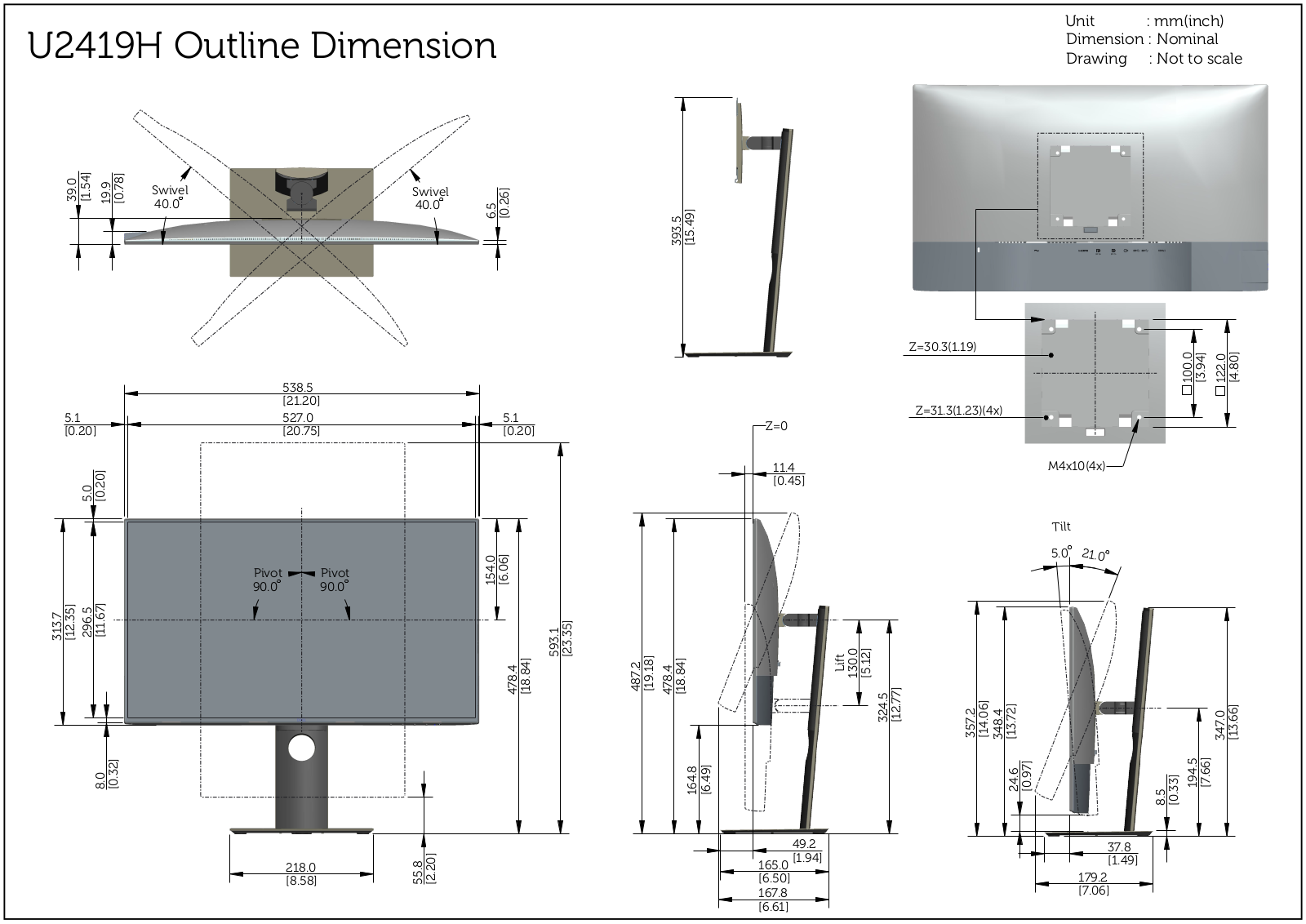 Dell UltraSharp U2419H, UltraSharp U2419HX Dimensional drawing