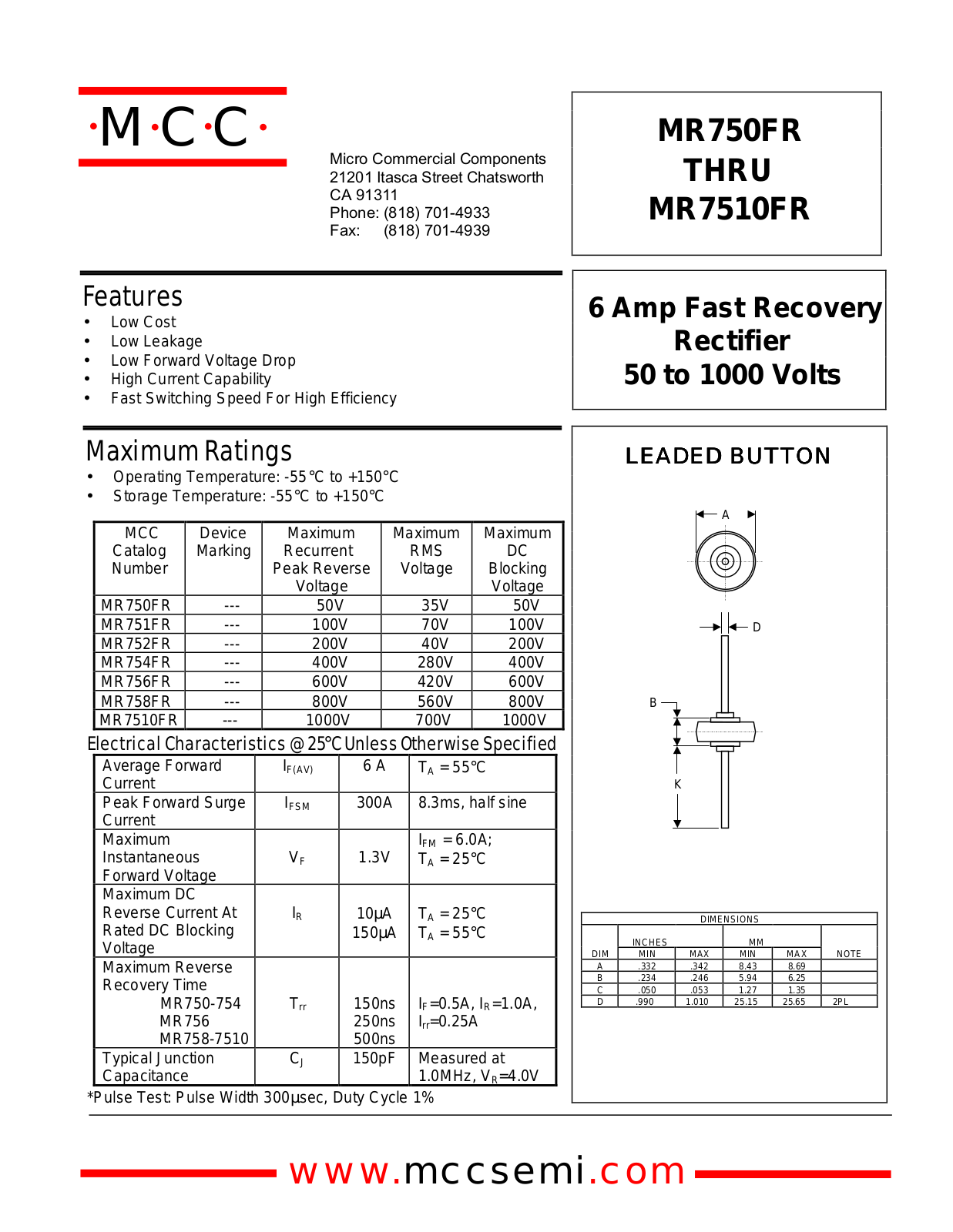 MCC MR758FR, MR754FR, MR756FR, MR751FR, MR7510FR Datasheet