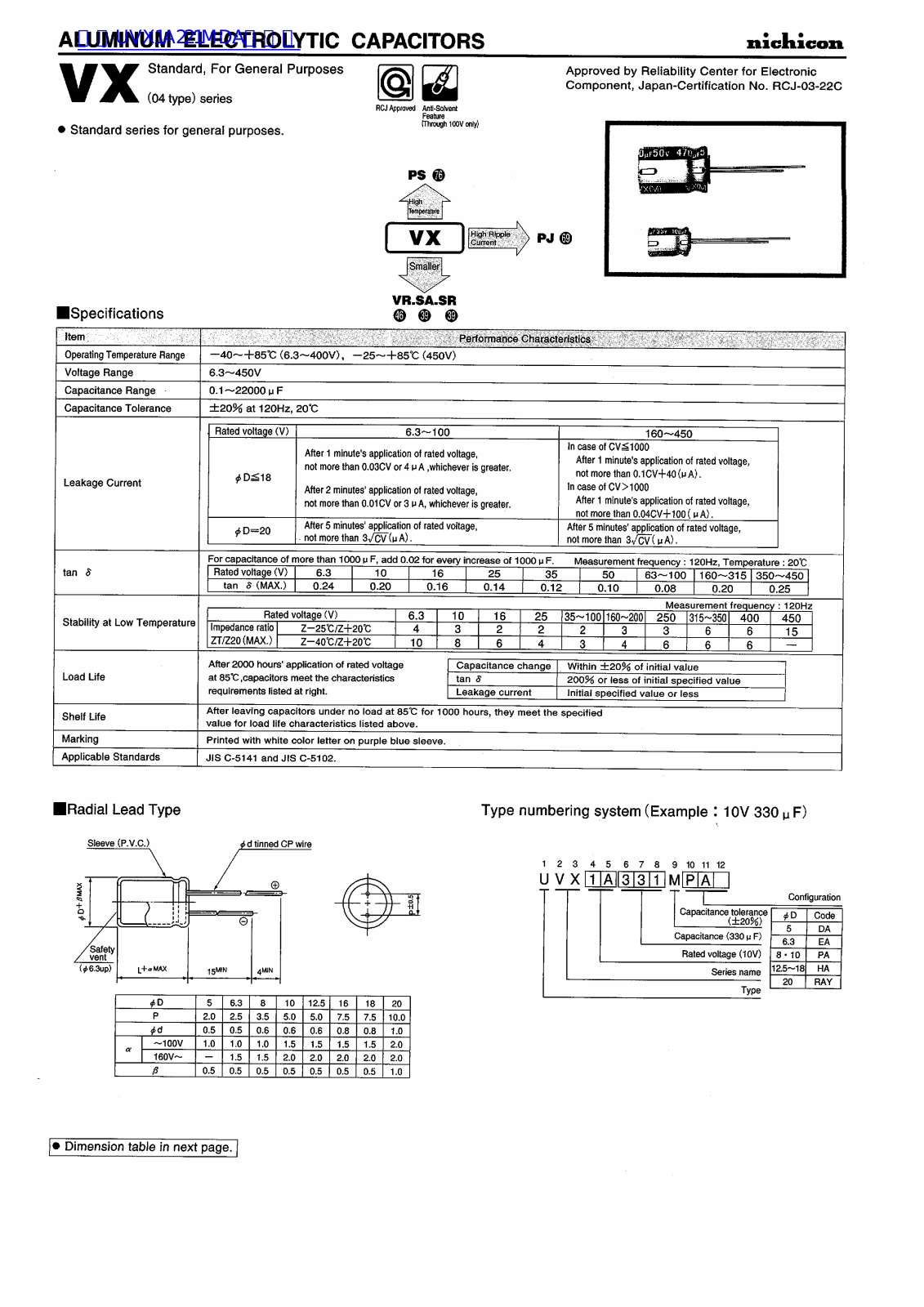 nichicon VX Technical data
