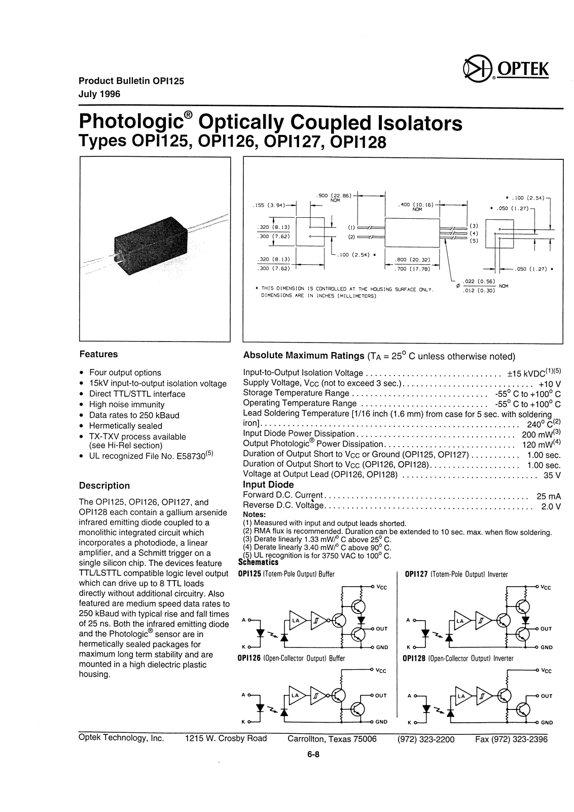 OPTEK OPI126, OPI128, OPI127, OPI125 Datasheet