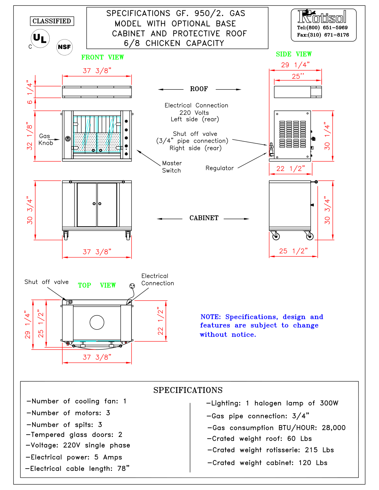 Rotisol spb952bc-m, GF950-2 Specifications